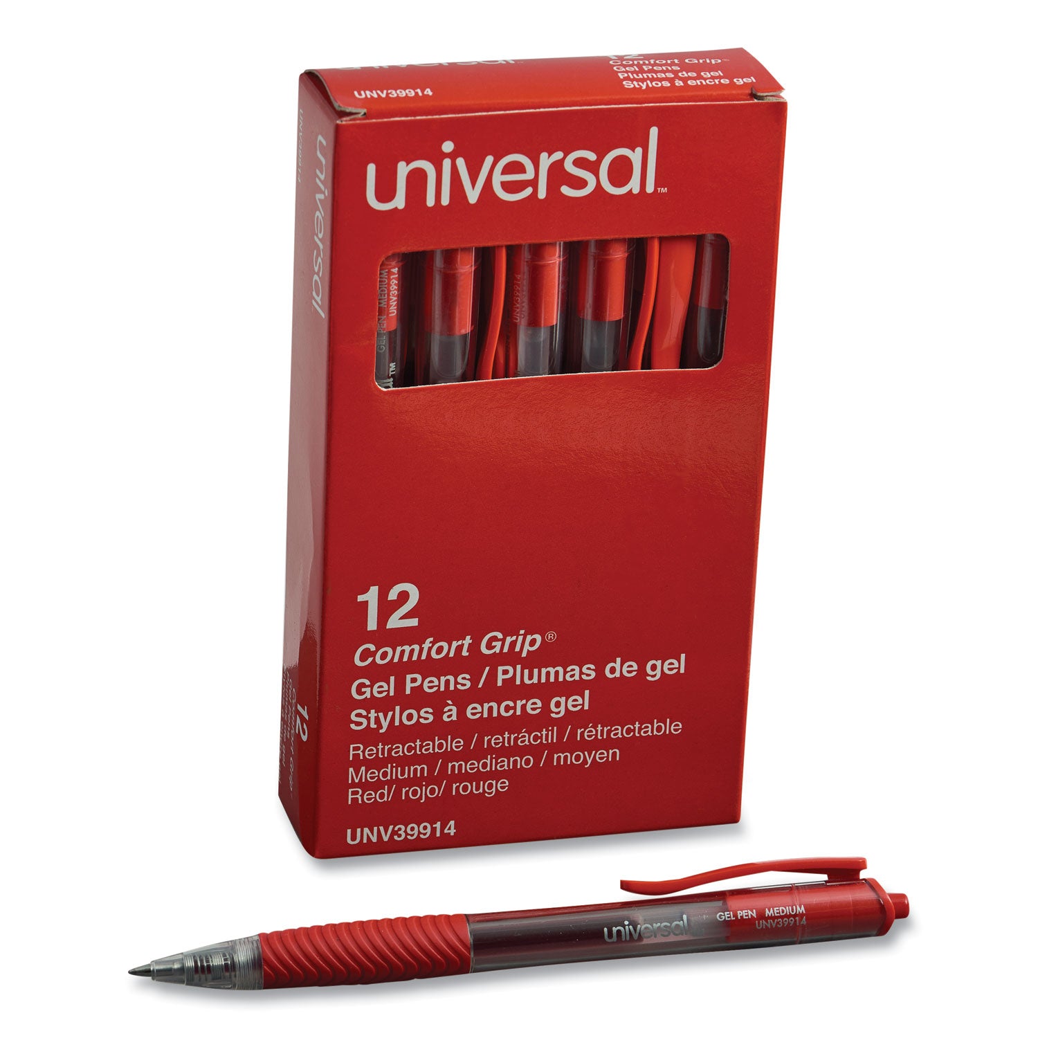 Universal™ Comfort Grip Gel Pen, Retractable, Medium 0.7 mm, Red Ink, Clear/Red Barrel, Dozen