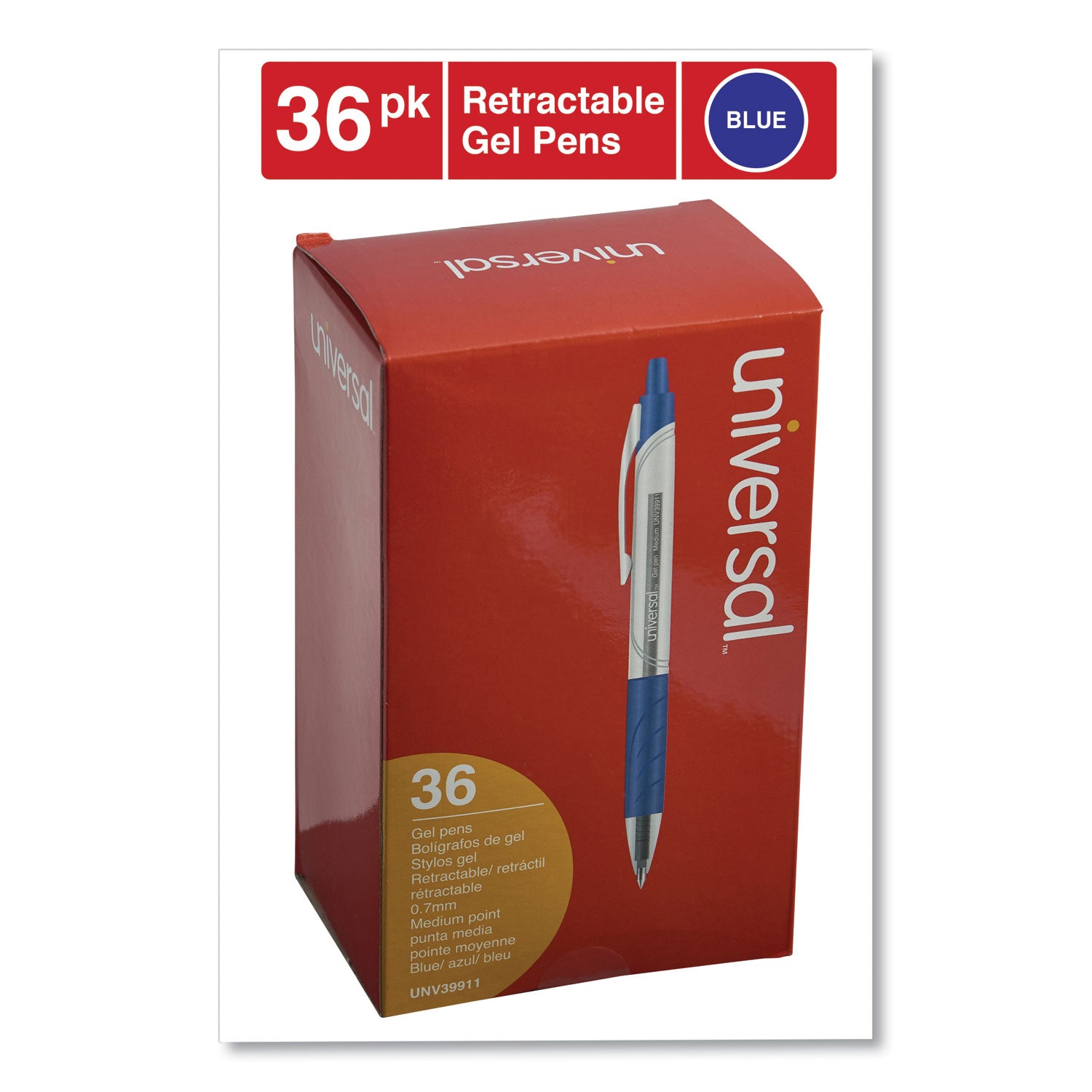 Universal™ Comfort Grip Gel Pen, Retractable, Medium 0.7 mm, Blue Ink, Clear/Blue Barrel, 36/Pack