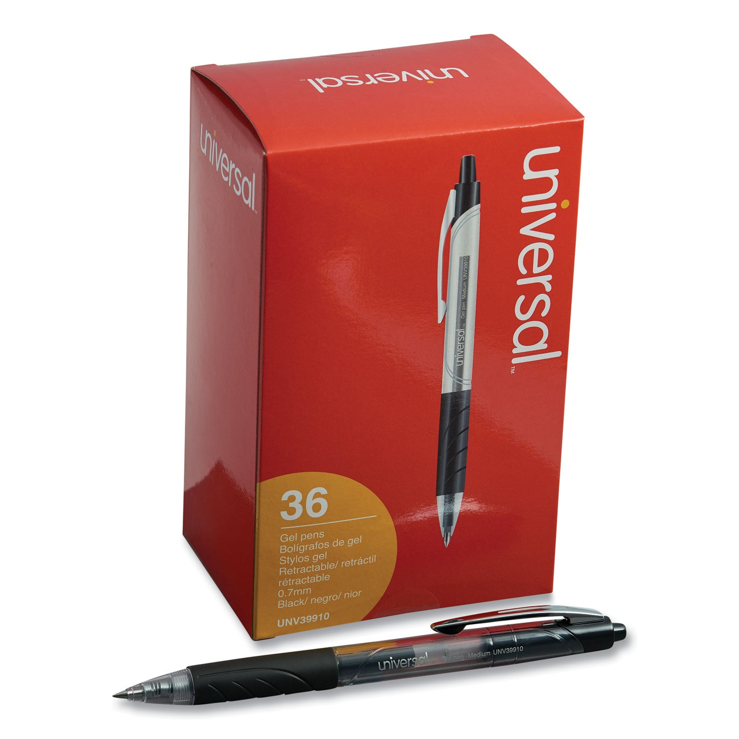 Universal™ Comfort Grip Gel Pen, Retractable, Medium 0.7 mm, Black Ink, Clear/Black Barrel, 36/Pack