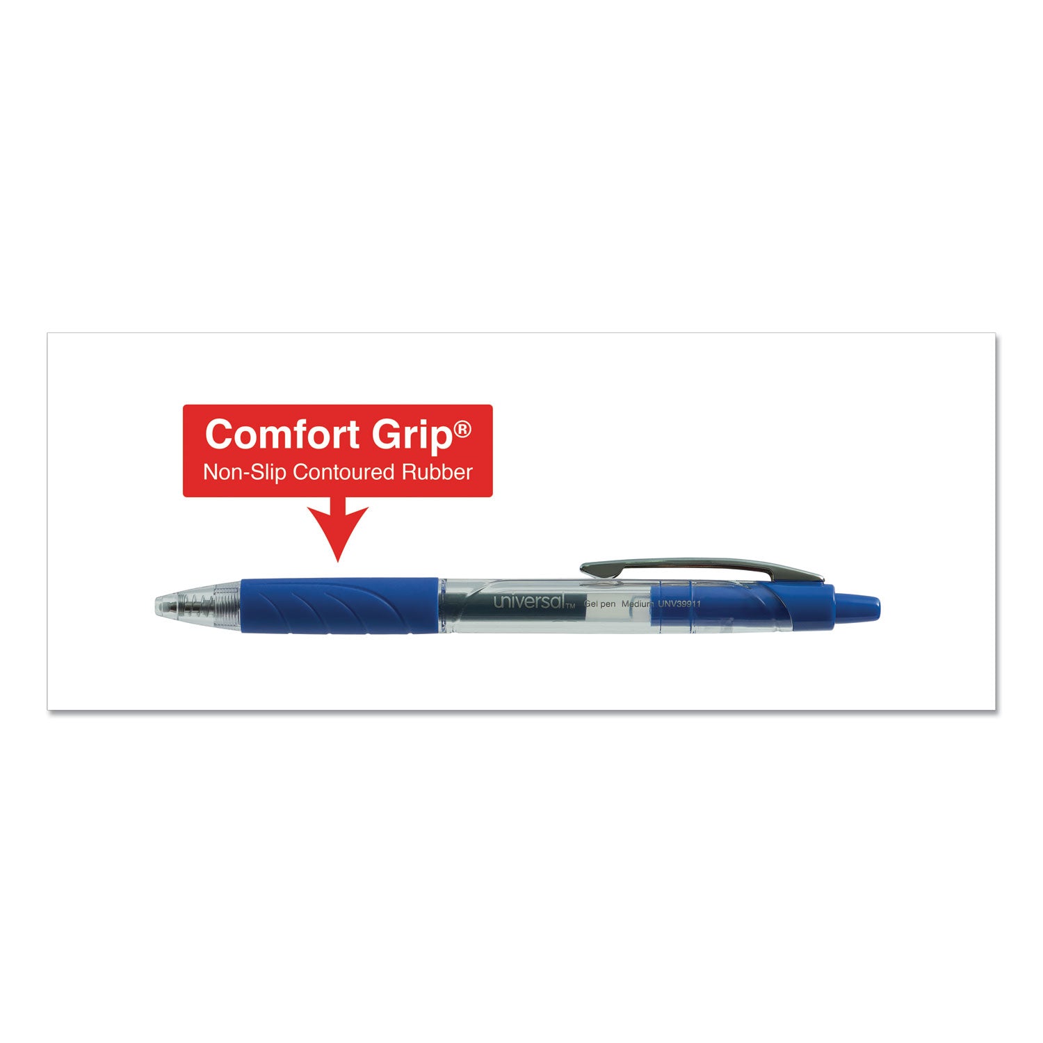 Universal™ Comfort Grip Gel Pen, Retractable, Medium 0.7 mm, Blue Ink, Clear/Blue Barrel, 36/Pack