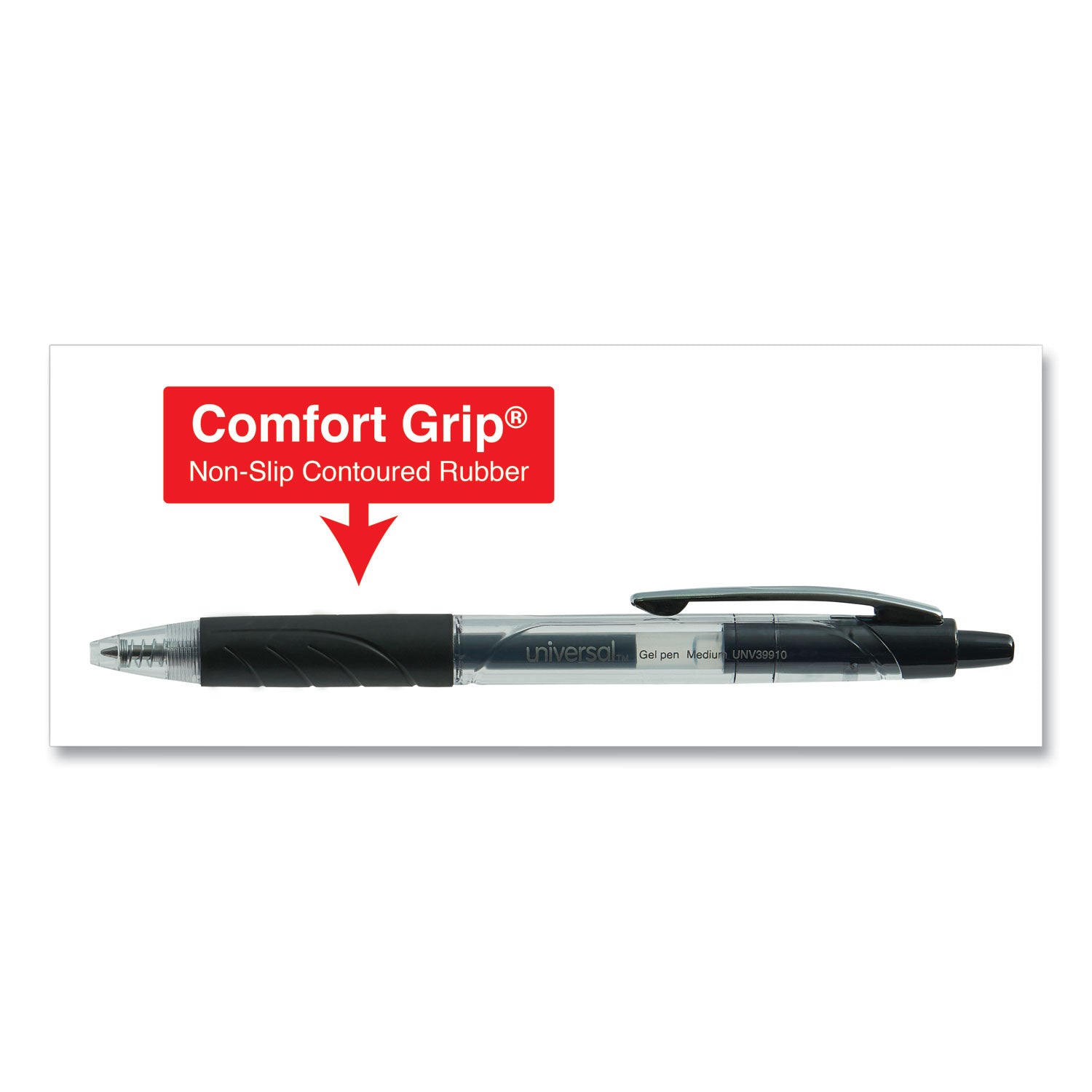 Universal™ Comfort Grip Gel Pen, Retractable, Medium 0.7 mm, Black Ink, Clear/Black Barrel, 36/Pack