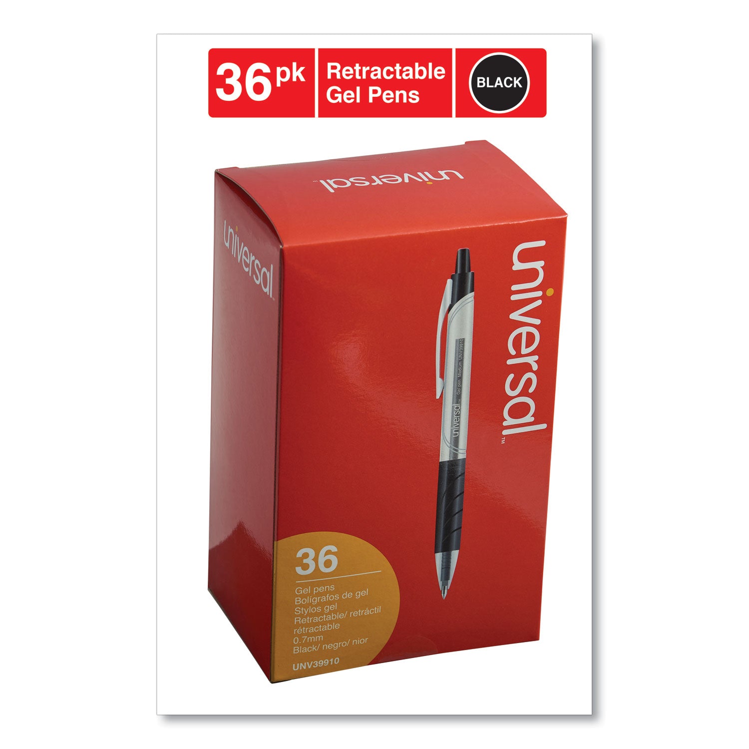 Universal™ Comfort Grip Gel Pen, Retractable, Medium 0.7 mm, Black Ink, Clear/Black Barrel, 36/Pack