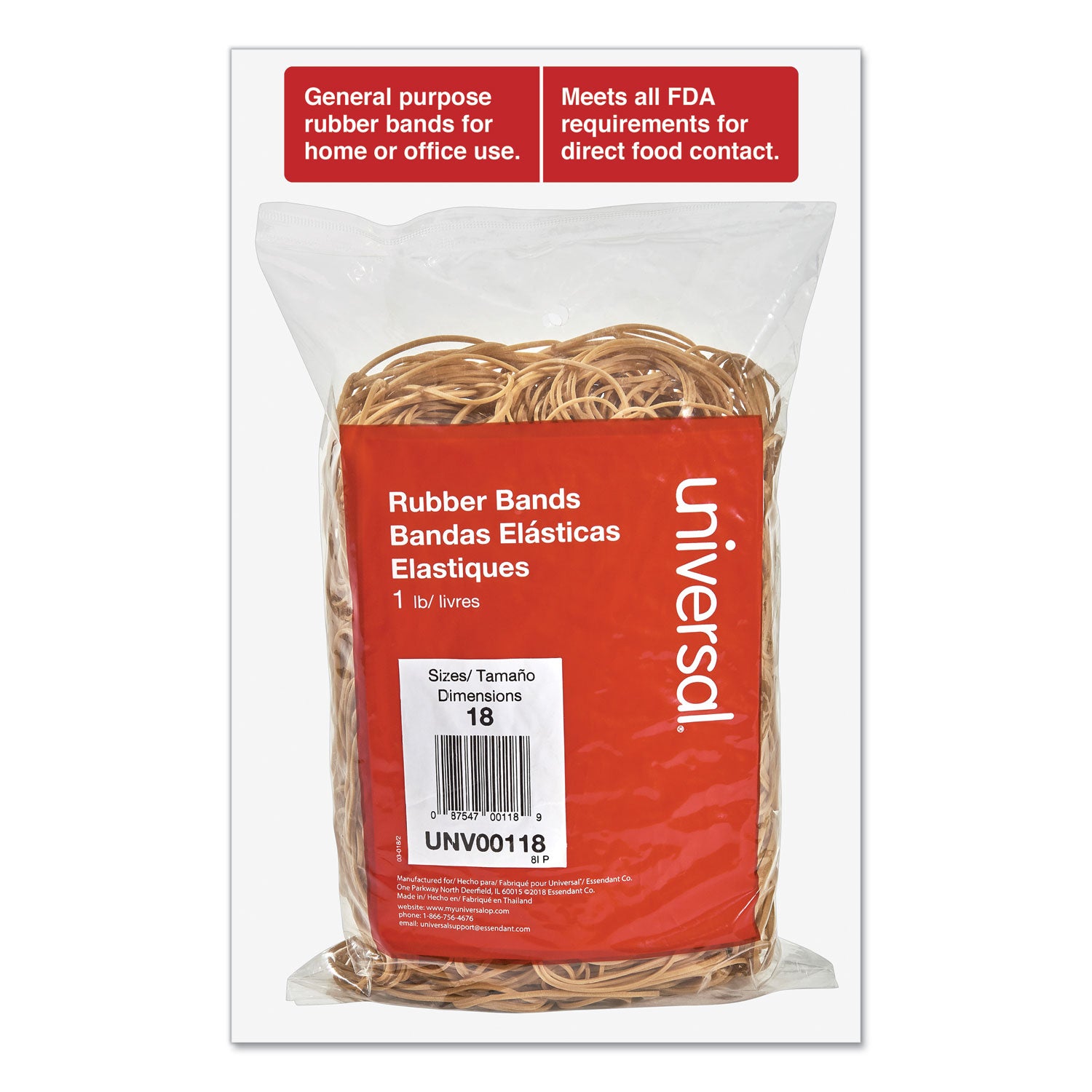 Universal® Rubber Bands, Size 18, 0.04" Gauge, Beige, 1 lb Box, 1,600/Pack