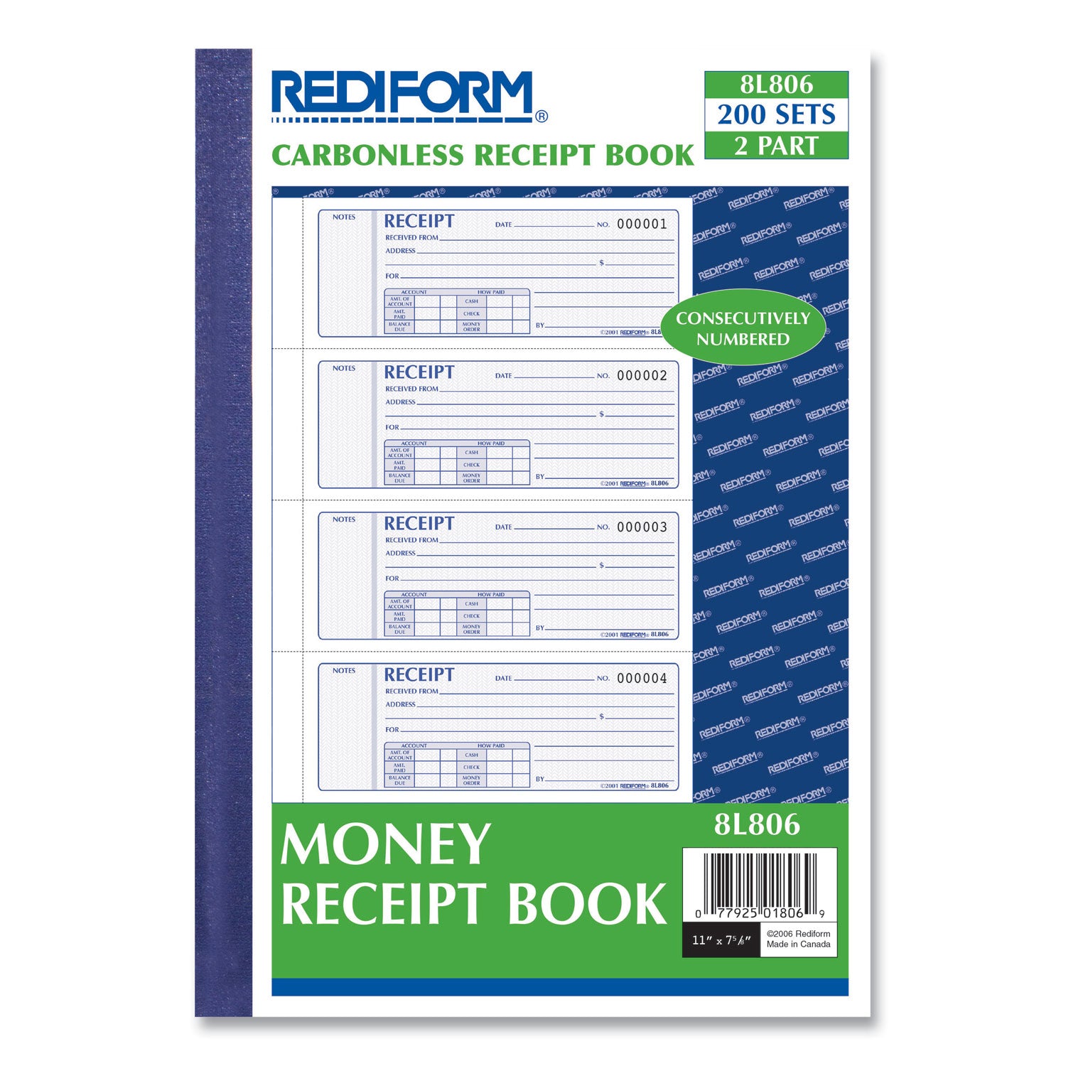 Rediform® Money Receipt Book, Softcover, Two-Part Carbonless, 7 x 2.75, 4 Forms/Sheet, 200 Forms Total