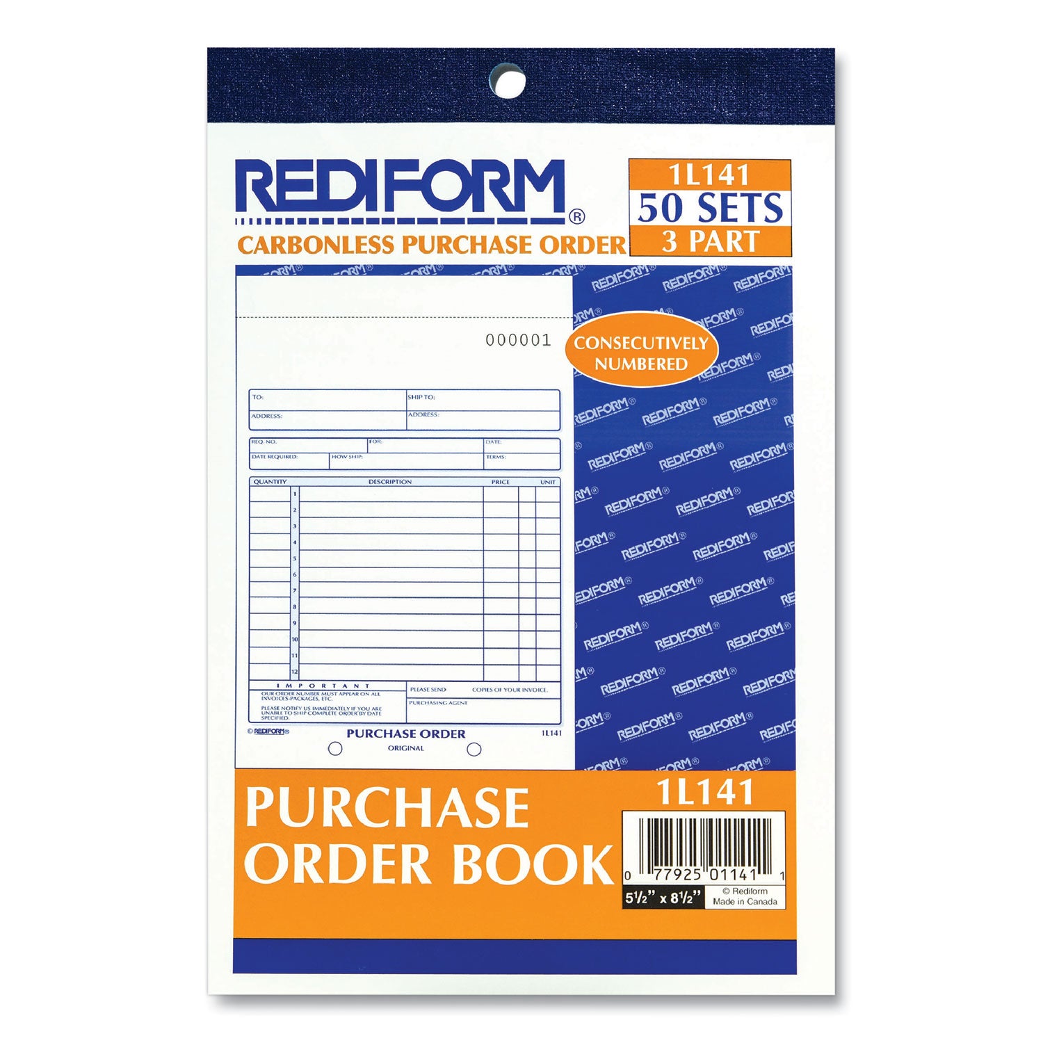 Rediform® Purchase Order Book, 12 Lines, Three-Part Carbonless, 5.5 x 7.88, 50 Forms Total