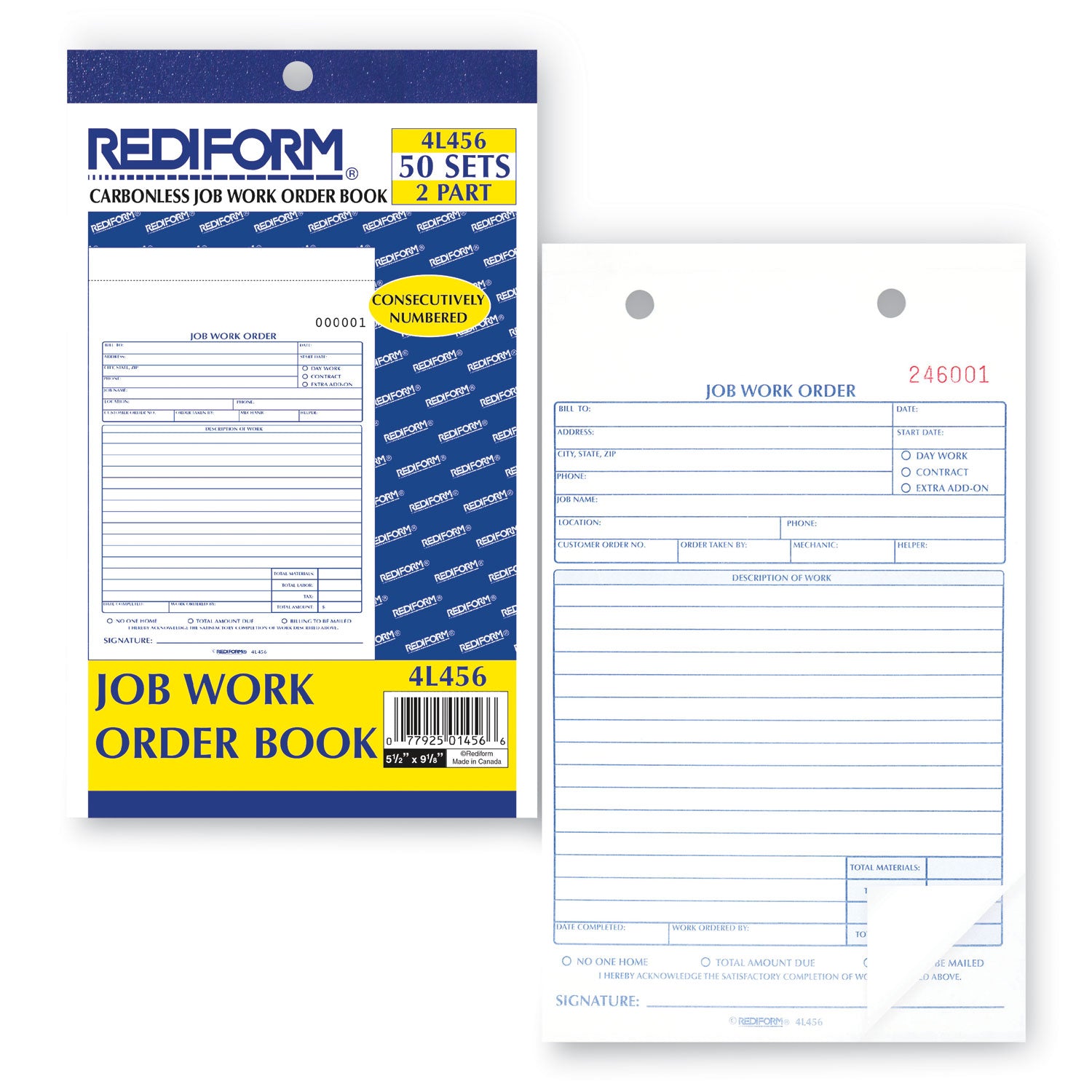 Rediform® Job Work Order Book, Two-Part Carbonless, 5.5 x 8.5, 50 Forms Total