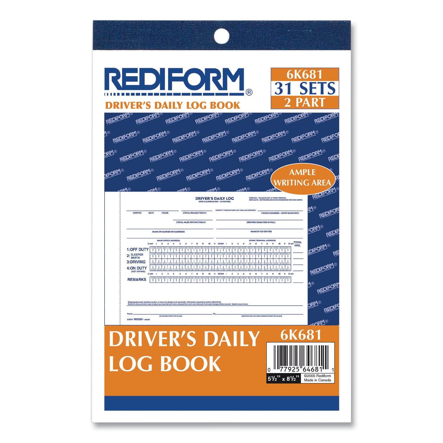 Rediform® Driver's Daily Log Book with Daily Record and Hours Summary, Two-Part Carbonless, 7.88 x 5.5, 31 Forms Total