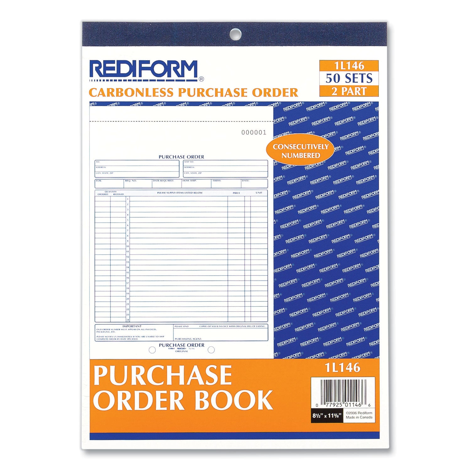 Rediform® Purchase Order Book, 17 Lines, Two-Part Carbonless, 8.5 x 11, 50 Forms Total