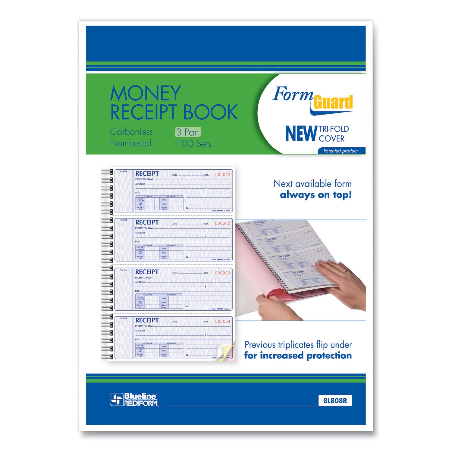 Rediform® Money Receipt Book, FormGuard Cover, Three-Part Carbonless, 7 x 2.75, 4 Forms/Sheet, 100 Forms Total