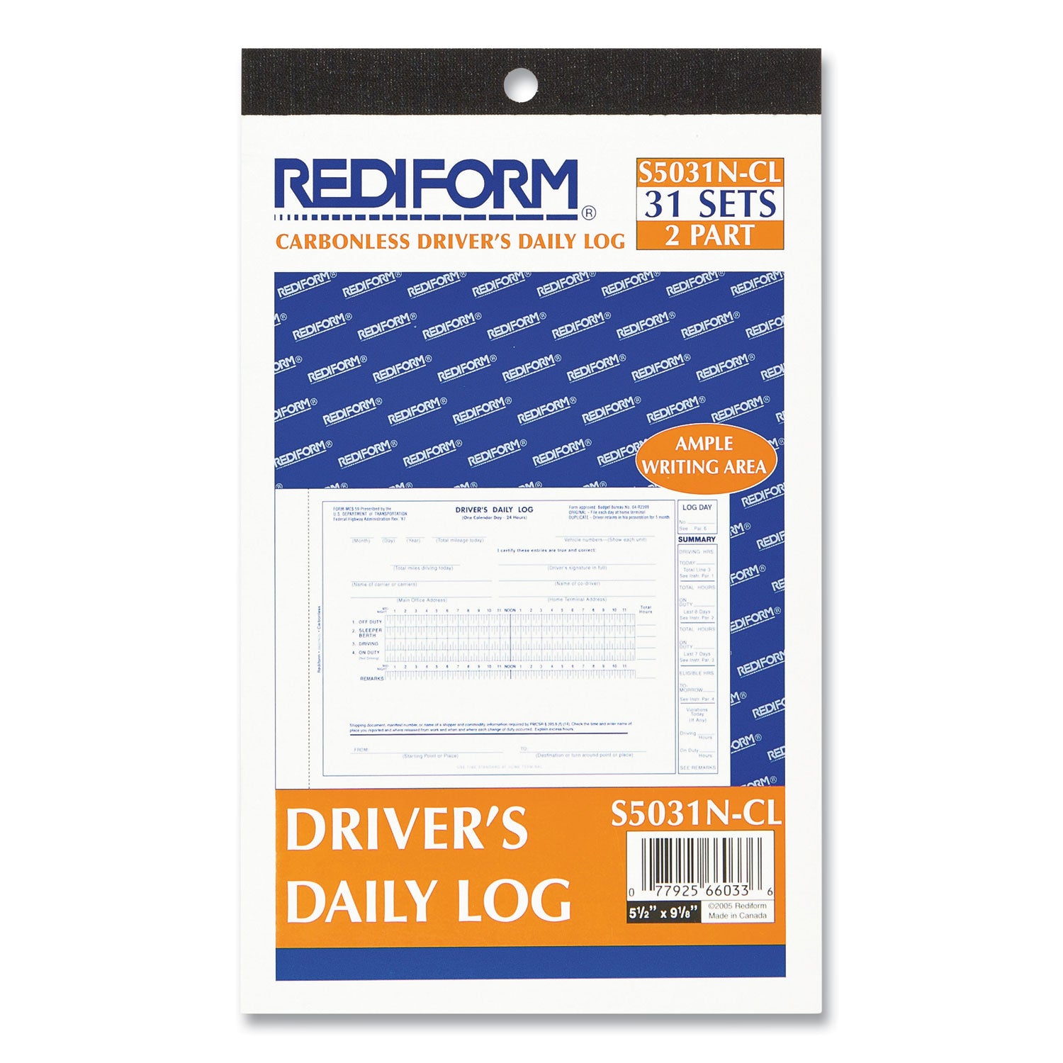 Rediform® Driver's Daily Log Book, Two-Part Carbonless, 8.75 x 5.38, 31 Forms Total