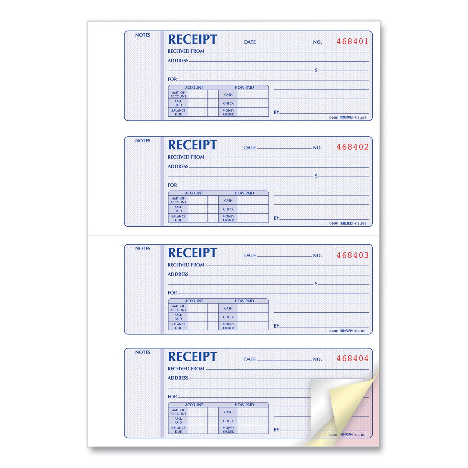 Rediform® Money Receipt Book, Softcover, Three-Part Carbonless, 7 x 2.75, 4 Forms/Sheet, 100 Forms Total