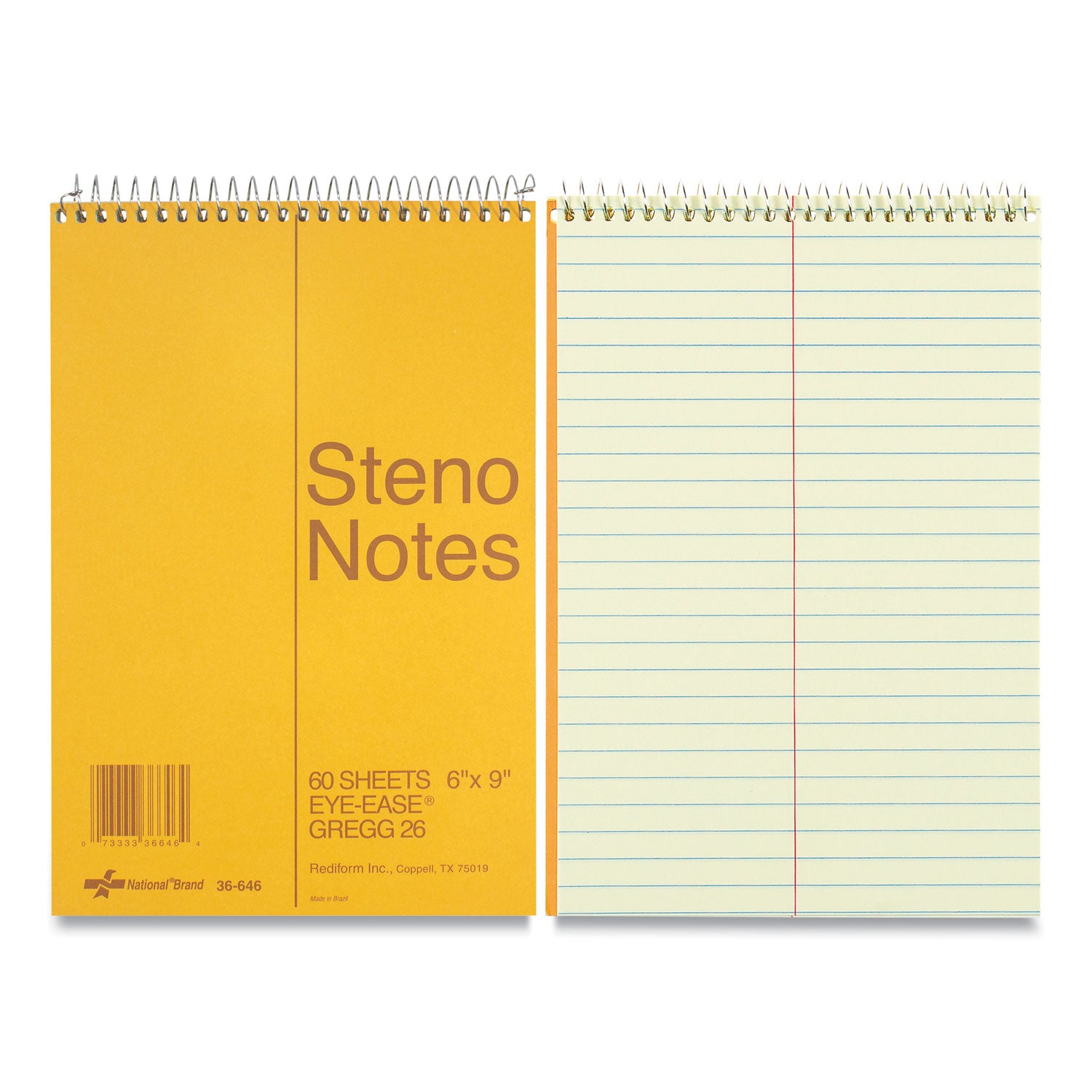 National® Standard Spiral Steno Pad, Gregg Rule, Brown Cover, 60 Eye-Ease Green 6 x 9 Sheets