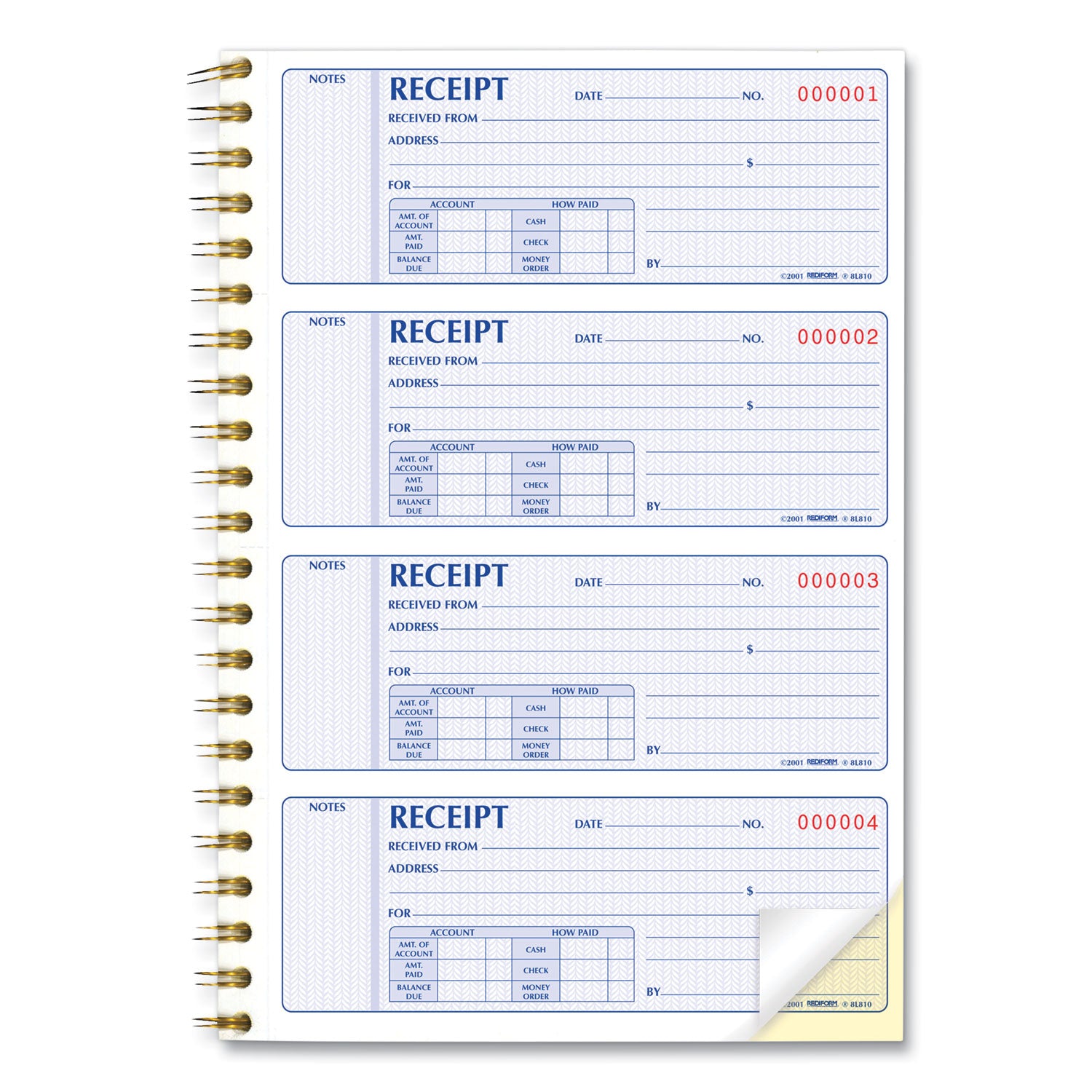 Rediform® Gold Standard Money Receipt Book, Two-Part Carbonless, 7 x 2.75, 4 Forms/Sheet, 300 Forms Total