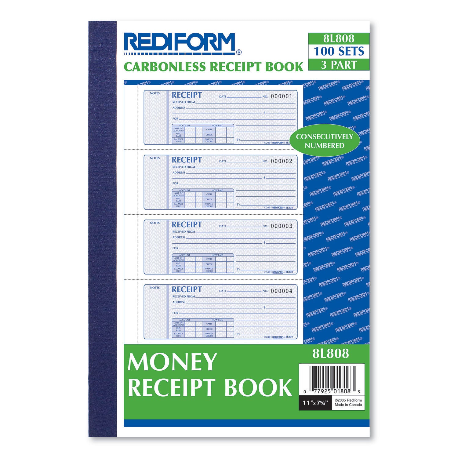 Rediform® Money Receipt Book, Softcover, Three-Part Carbonless, 7 x 2.75, 4 Forms/Sheet, 100 Forms Total