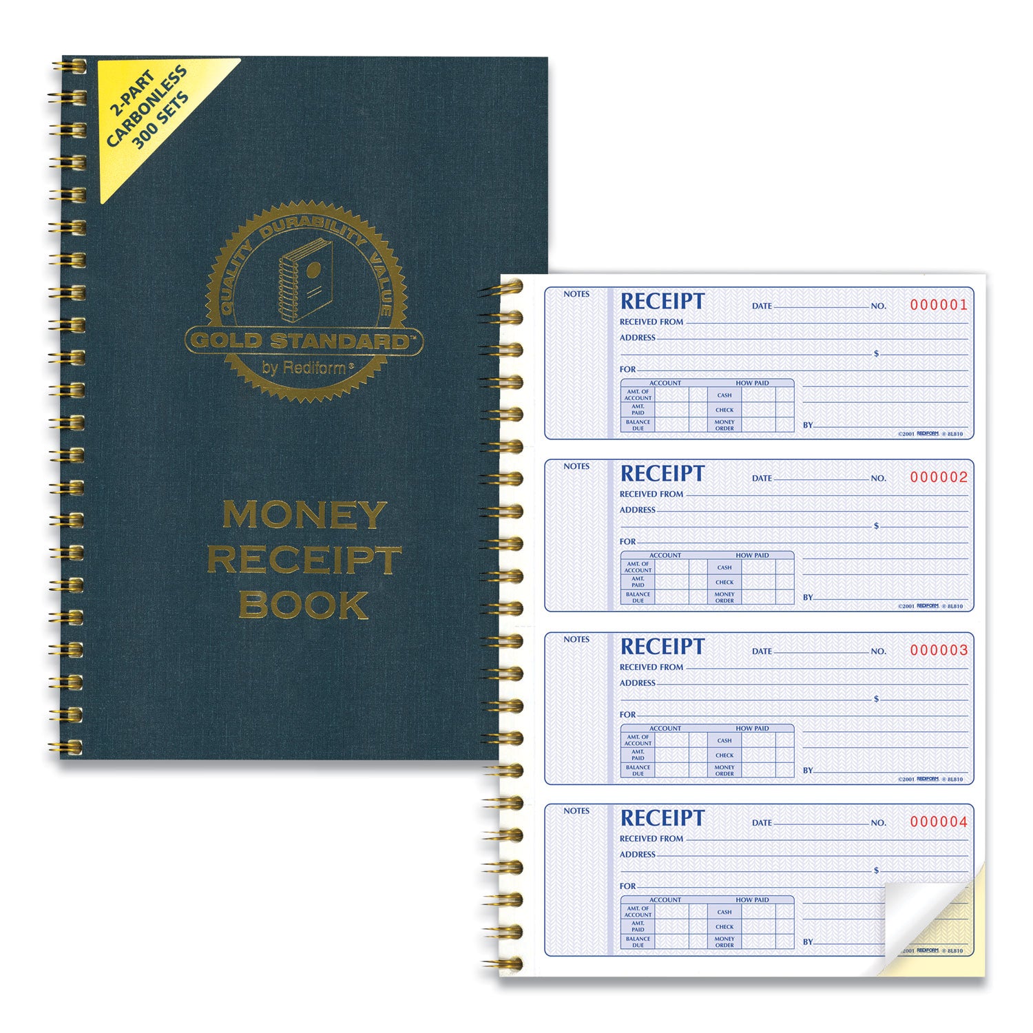 Rediform® Gold Standard Money Receipt Book, Two-Part Carbonless, 7 x 2.75, 4 Forms/Sheet, 300 Forms Total