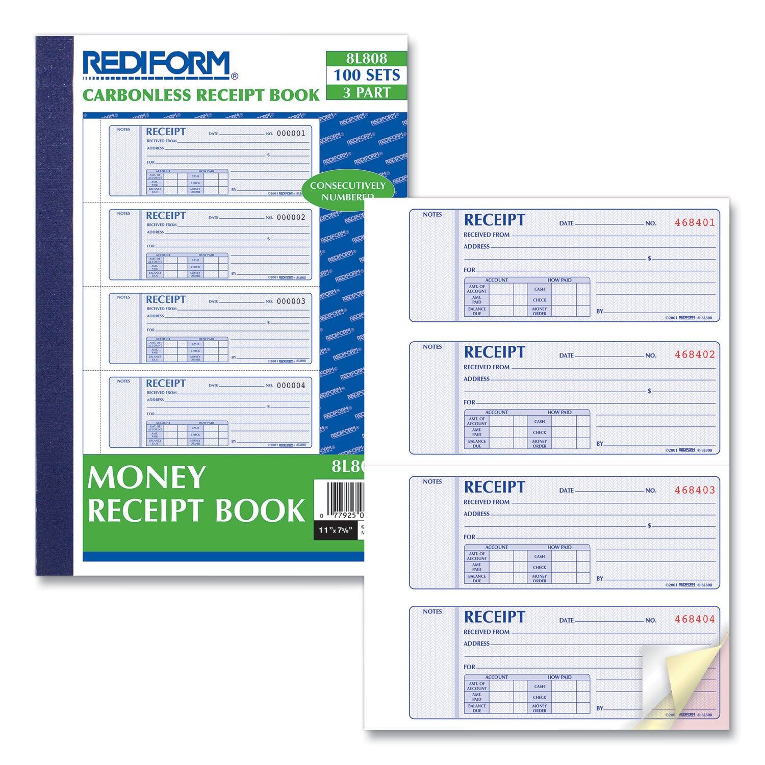 Rediform® Money Receipt Book, Softcover, Three-Part Carbonless, 7 x 2.75, 4 Forms/Sheet, 100 Forms Total