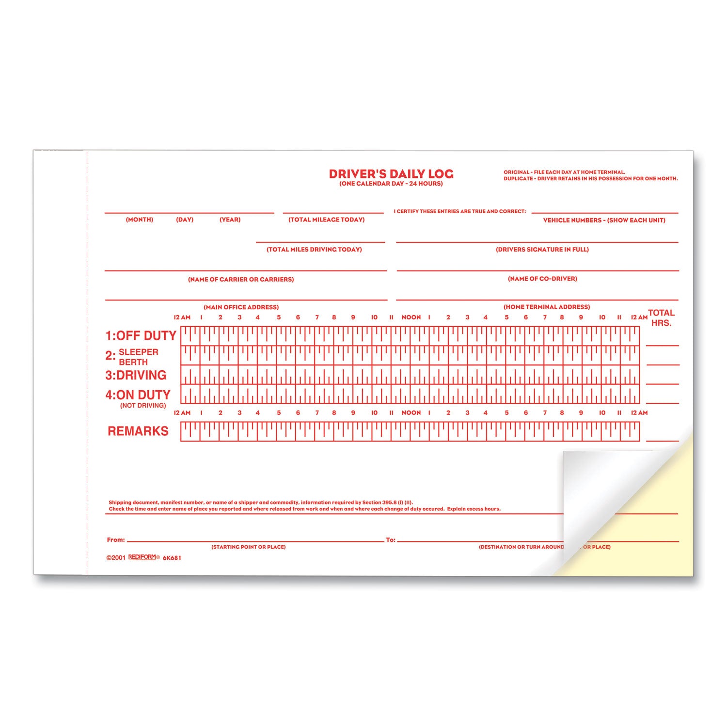 Rediform® Driver's Daily Log Book with Daily Record and Hours Summary, Two-Part Carbonless, 7.88 x 5.5, 31 Forms Total