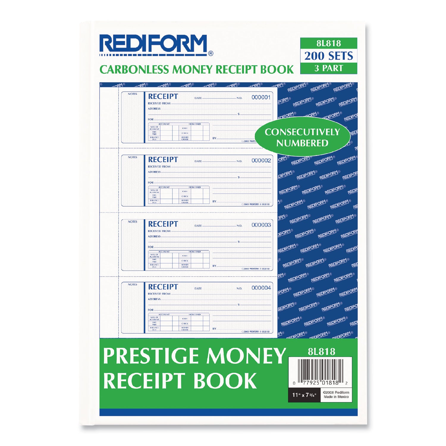 Rediform® Money Receipt Book, Hardcover, Three-Part Carbonless, 7 x 2.75, 4 Forms/Sheet, 200 Forms Total