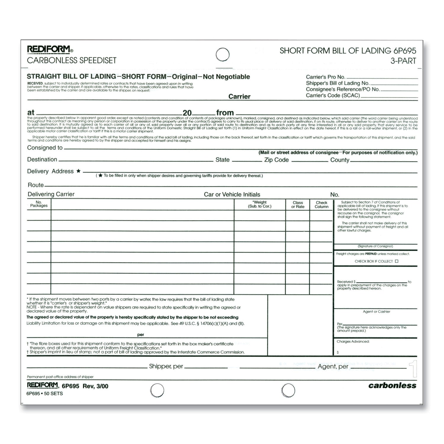 Speediset Bill of Lading, Short Form, Three-Part Carbonless, 7 x 8.5, 50 Forms Total