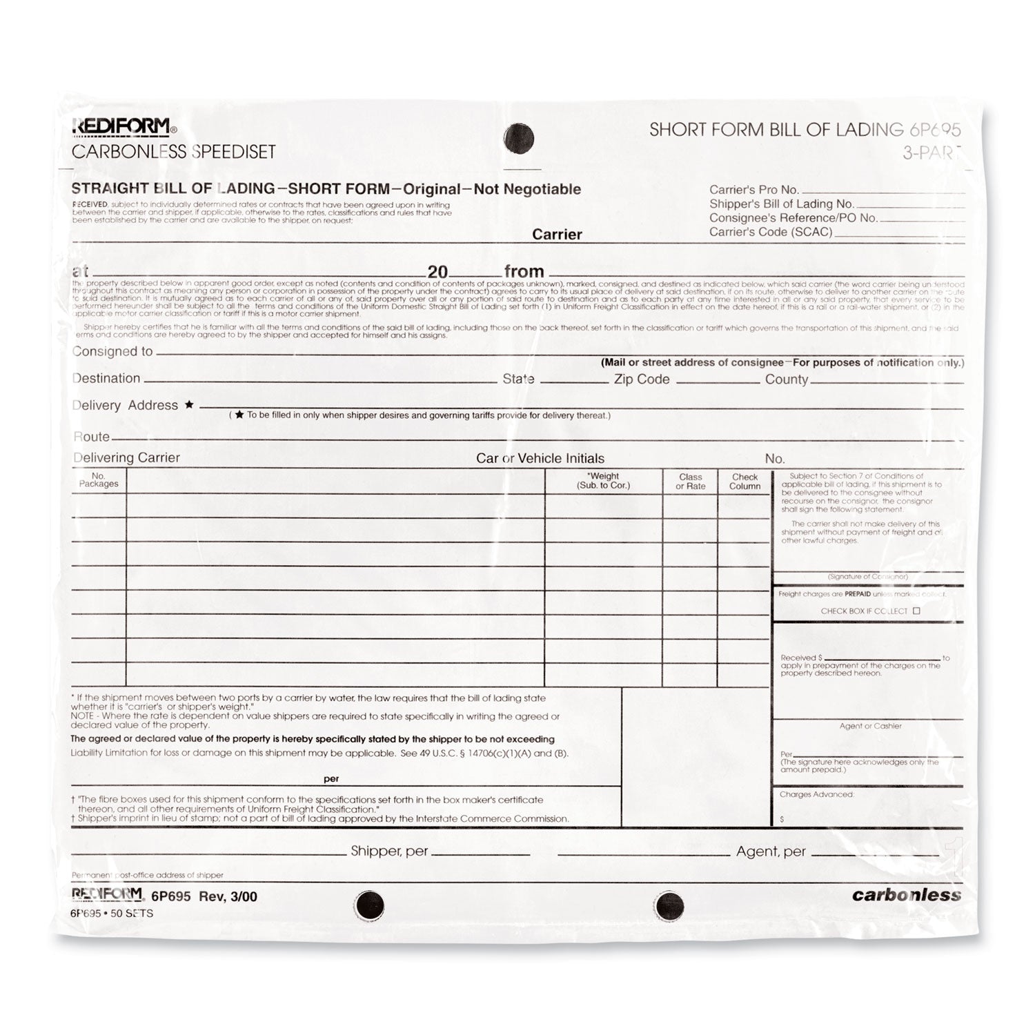 Rediform® Speediset Bill of Lading, Short Form, Three-Part Carbonless, 7 x 8.5, 50 Forms Total