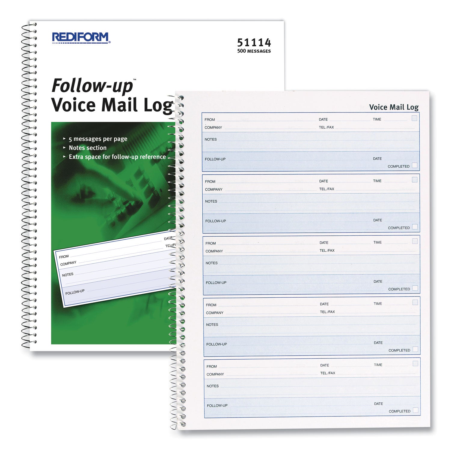 Rediform® Follow-up Wirebound Voice Mail Log Book, One-Part (No Copies), 7.5 x 2, 5 Forms/Sheet, 500 Forms Total