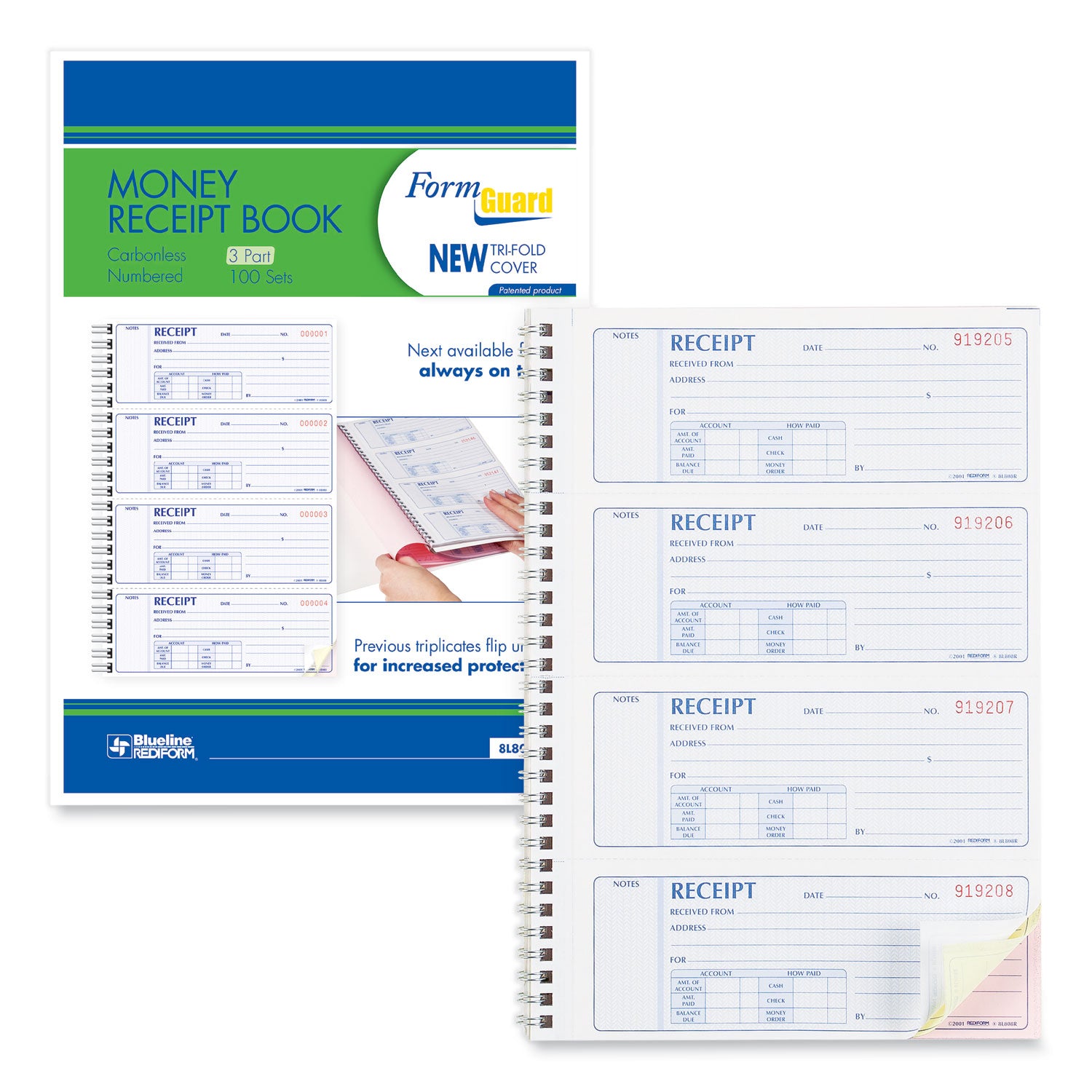 Rediform® Money Receipt Book, FormGuard Cover, Three-Part Carbonless, 7 x 2.75, 4 Forms/Sheet, 100 Forms Total