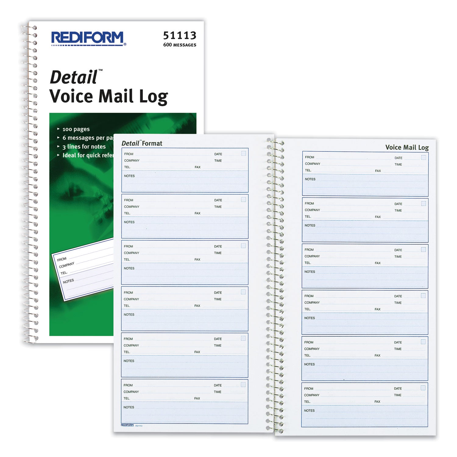 Rediform® Detail Wirebound Voice Mail Log Book, One-Part (No Copies), 5 x 1.63, 6 Forms/Sheet, 600 Forms Total