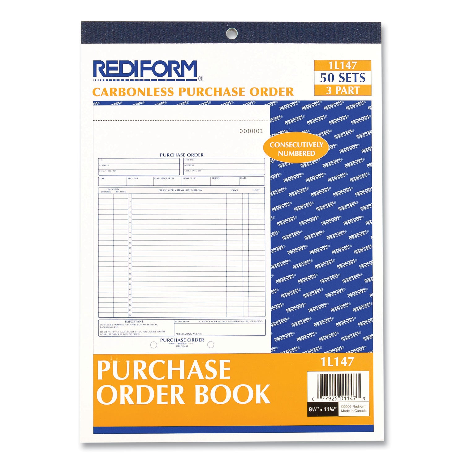 Rediform® Purchase Order Book, 17 Lines, Three-Part Carbonless, 8.5 x 11, 50 Forms Total