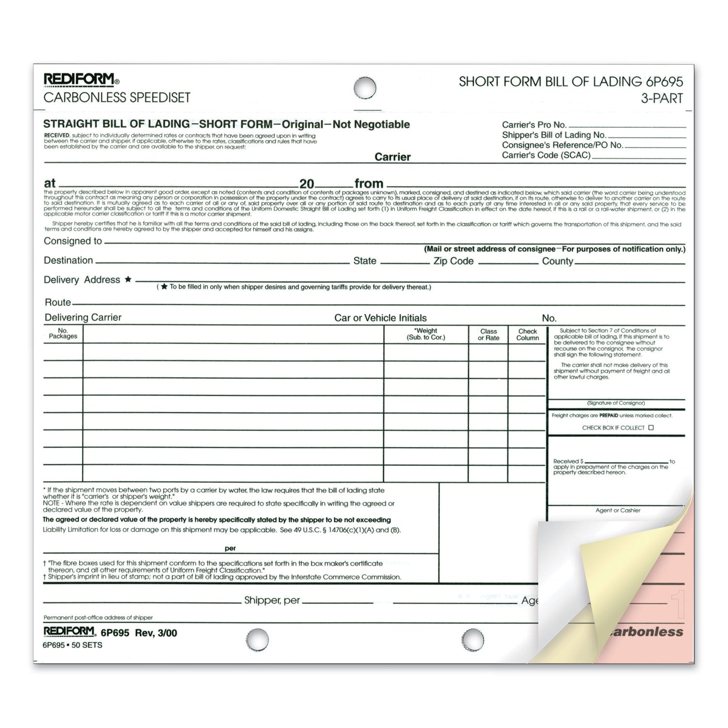 Rediform® Speediset Bill of Lading, Short Form, Three-Part Carbonless, 7 x 8.5, 50 Forms Total