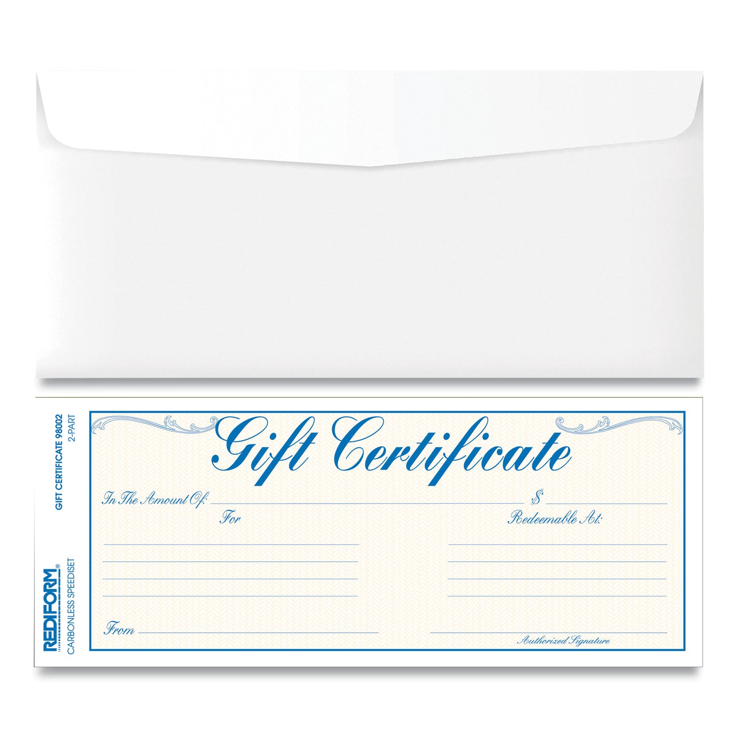 Gift Certificates with Envelopes, 8.5 x 3.67, Blue/Gold with Blue Border, 25/Pack