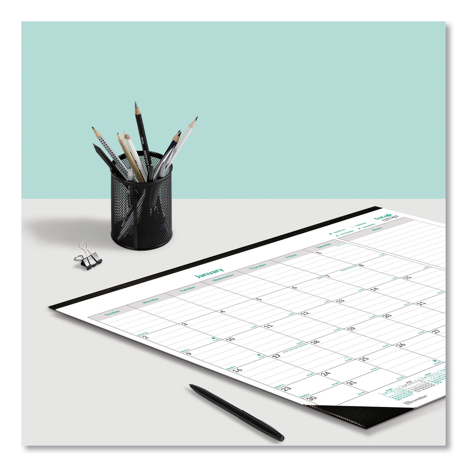 Brownline® EcoLogix Monthly Desk Pad Calendar, 22 x 17, White/Green Sheets, Black Binding/Corners, 12-Month (Jan to Dec): 2025