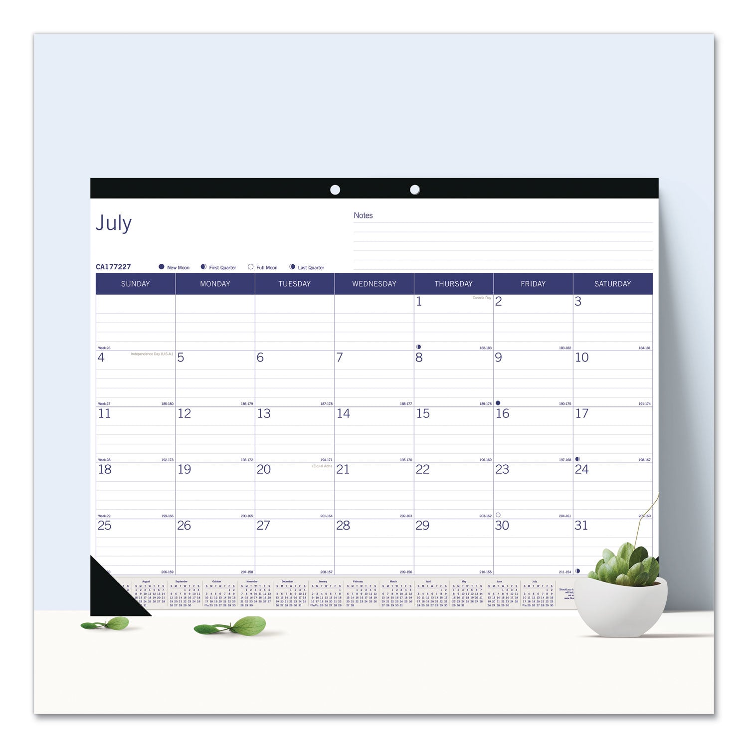 Blueline® DuraGlobe Academic Desk Pad Calendar, 22 x 17, White/Blue/Gray Sheets, Black Headband, 13-Month (July to July): 2024 to 2025