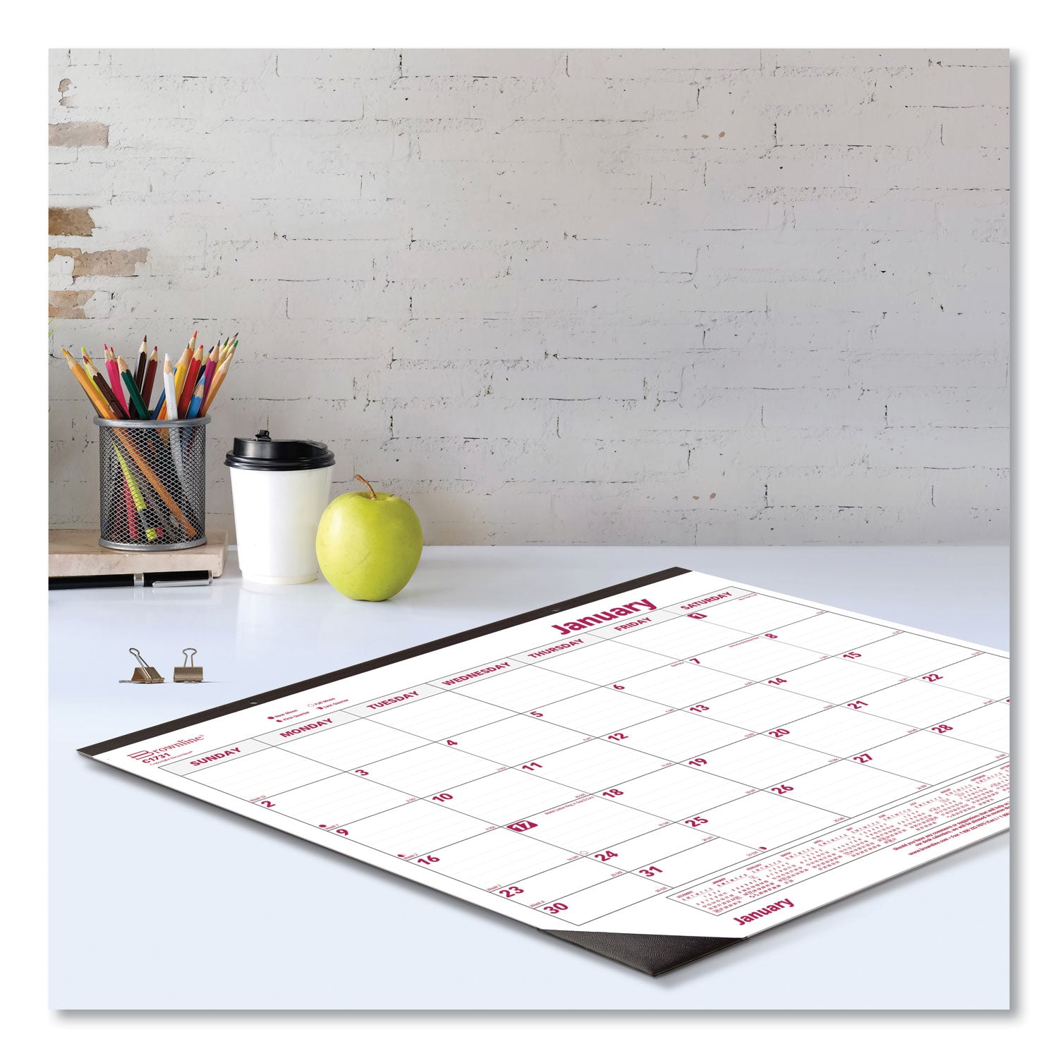 Brownline® Monthly Desk Pad Calendar, 22 x 17, White/Burgundy Sheets, Black Binding, Black Corners, 12-Month (Jan to Dec): 2025