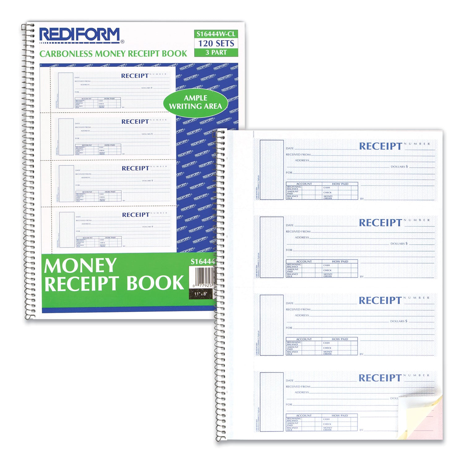 Rediform® Spiralbound Unnumbered Money Receipt Book, Three-Part Carbonless, 7 x 2.75, 4 Forms/Sheet, 120 Forms Total