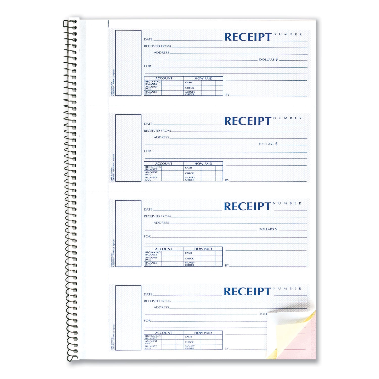 Rediform® Spiralbound Unnumbered Money Receipt Book, Three-Part Carbonless, 7 x 2.75, 4 Forms/Sheet, 120 Forms Total