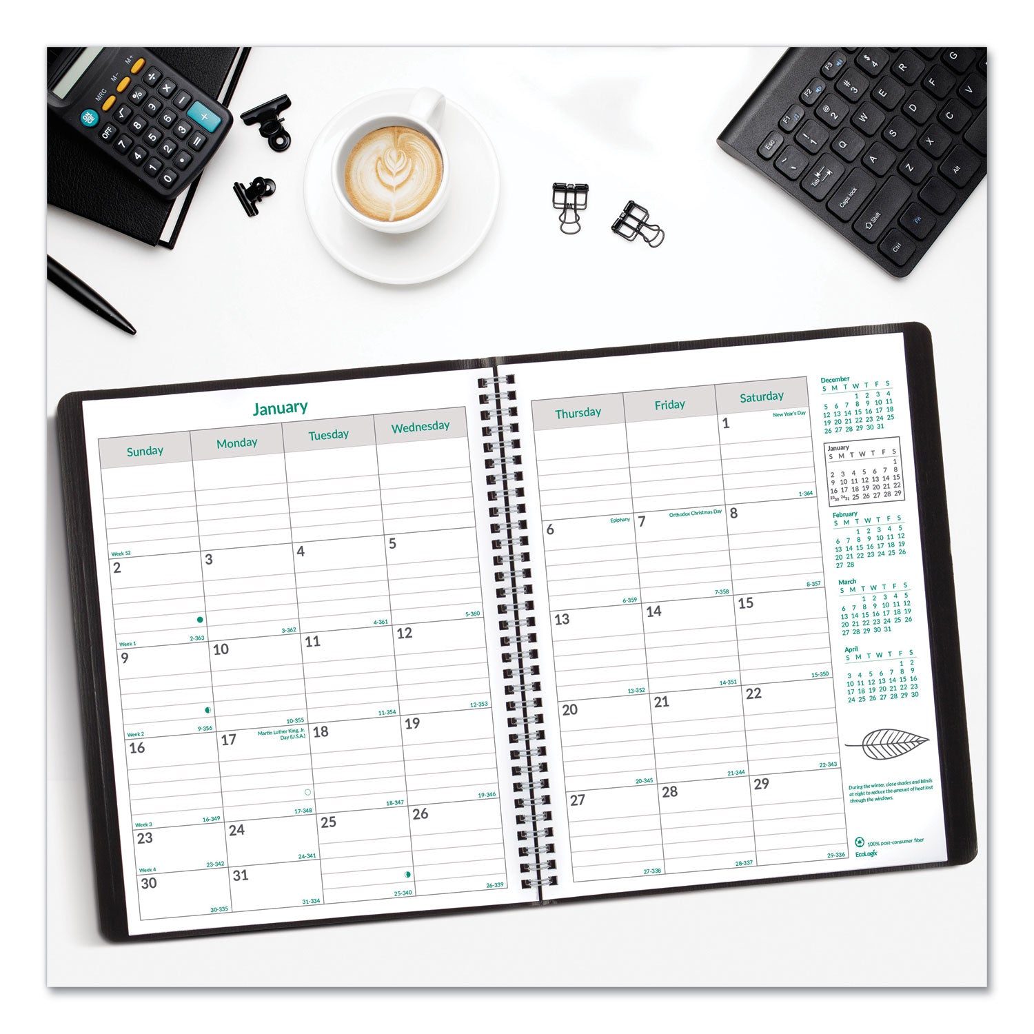 Brownline® EcoLogix Recycled Monthly Planner, EcoLogix Artwork, 11 x 8.5, Black Cover, 14-Month: Dec 2024 to Jan 2026