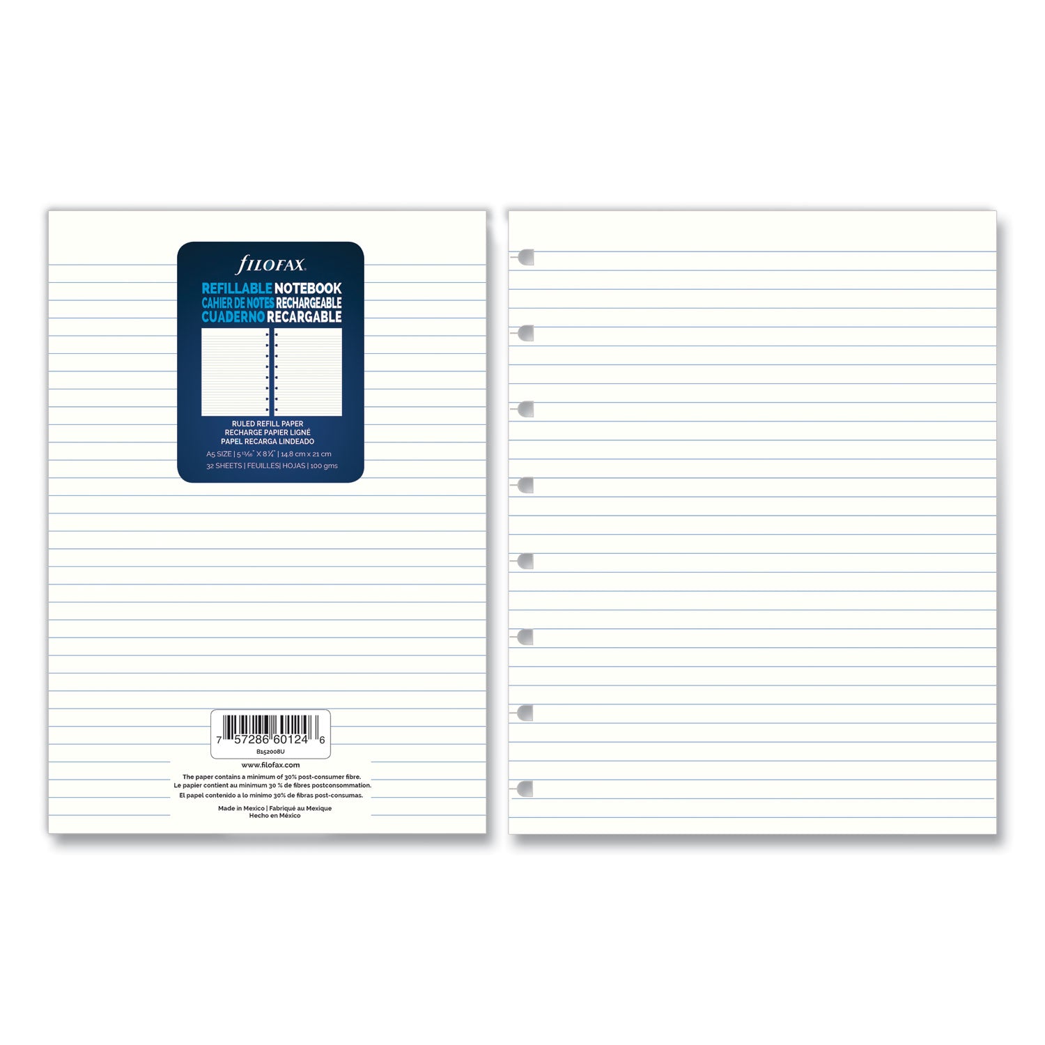 Filofax® Notebook Refills, 8-Hole, 8.25 x 5.81, Narrow Rule, 32/Pack