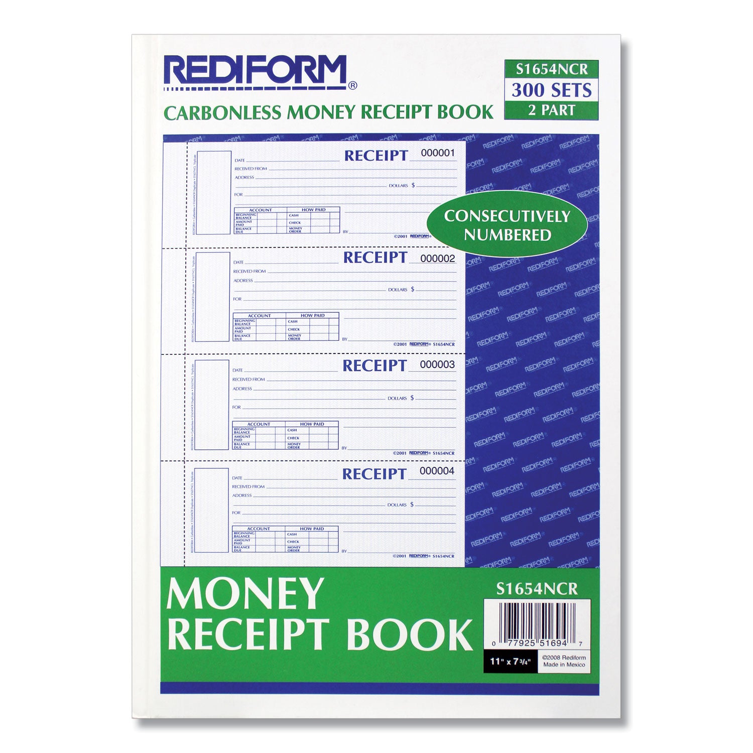 Rediform® Durable Hardcover Numbered Money Receipt Book, Two-Part Carbonless, 6.88 x 2.75, 4 Forms/Sheet, 300 Forms Total