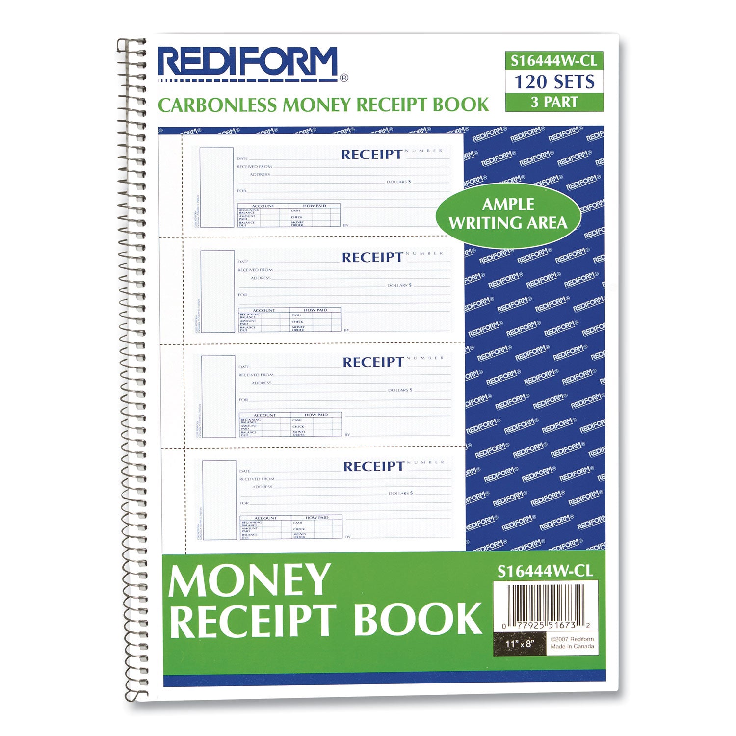 Rediform® Spiralbound Unnumbered Money Receipt Book, Three-Part Carbonless, 7 x 2.75, 4 Forms/Sheet, 120 Forms Total