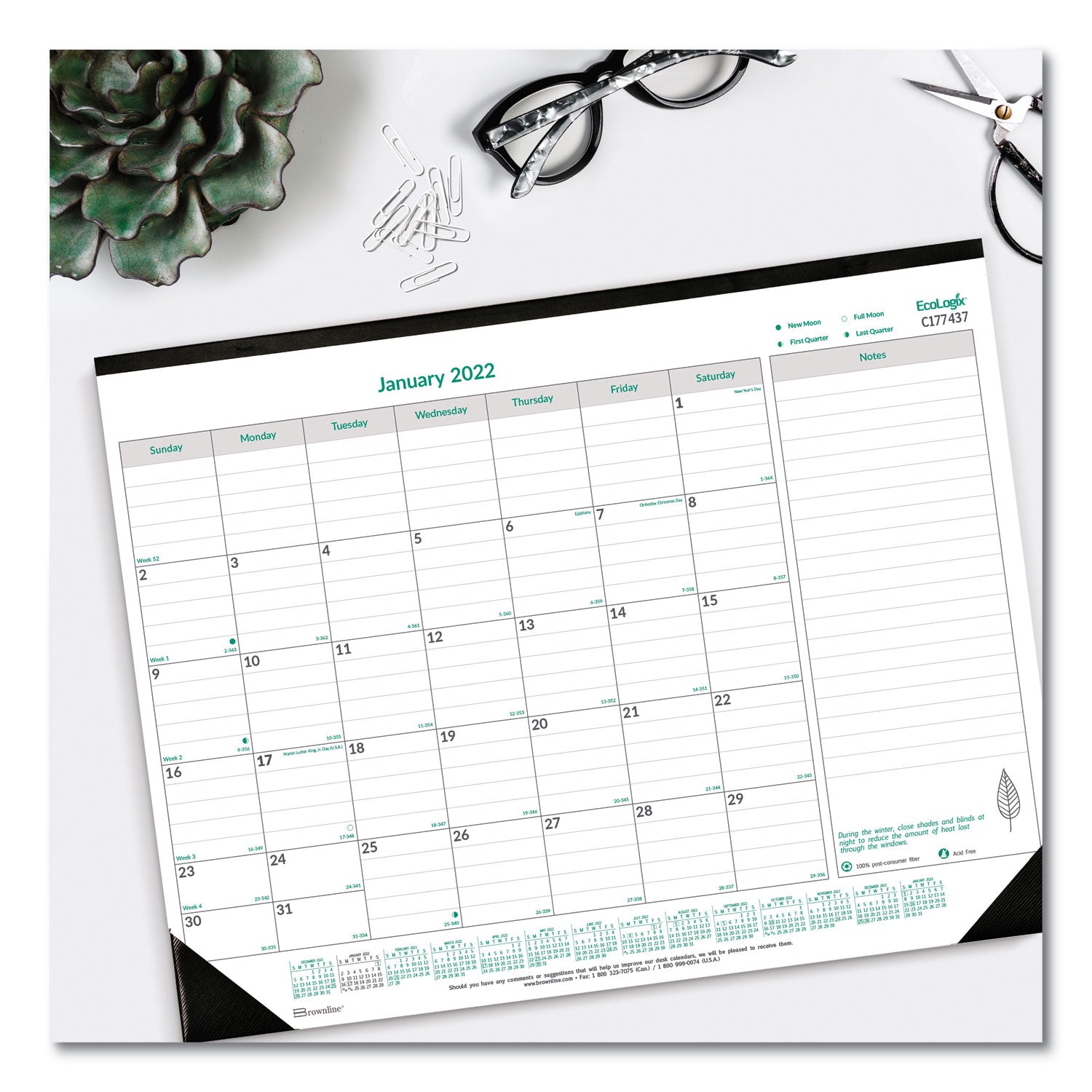 Brownline® EcoLogix Monthly Desk Pad Calendar, 22 x 17, White/Green Sheets, Black Binding/Corners, 12-Month (Jan to Dec): 2025