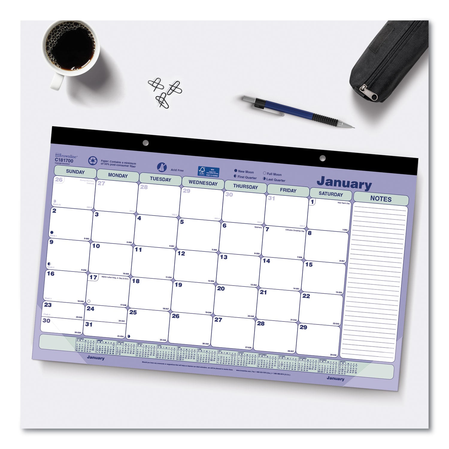 Brownline® Monthly Desk Pad Calendar, 17.75 x 10.88, White/Blue/Green Sheets, Black Binding, Clear Corners, 12-Month (Jan to Dec): 2025