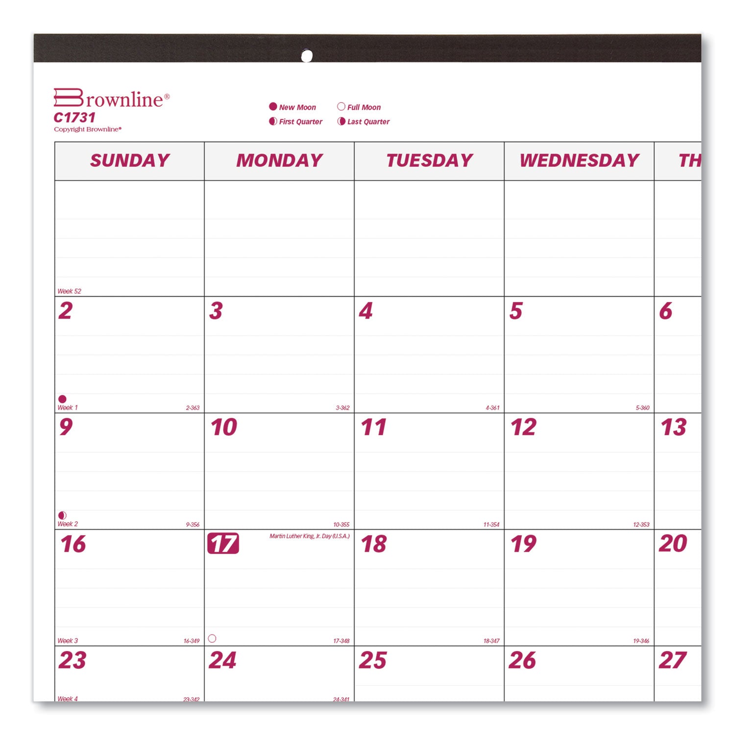 Brownline® Monthly Desk Pad Calendar, 22 x 17, White/Burgundy Sheets, Black Binding, Black Corners, 12-Month (Jan to Dec): 2025