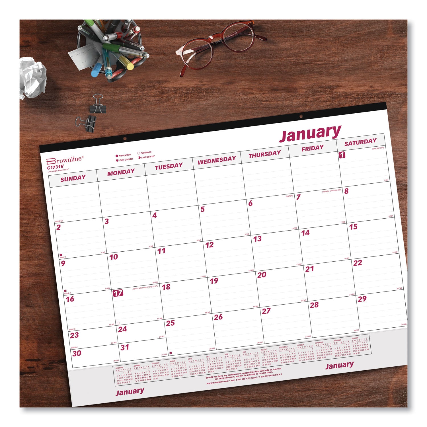 Brownline® Monthly Desk Pad Calendar, 22 x 17, White/Burgundy Sheets, Black Binding, Clear Corners, 12-Month (Jan to Dec): 2025