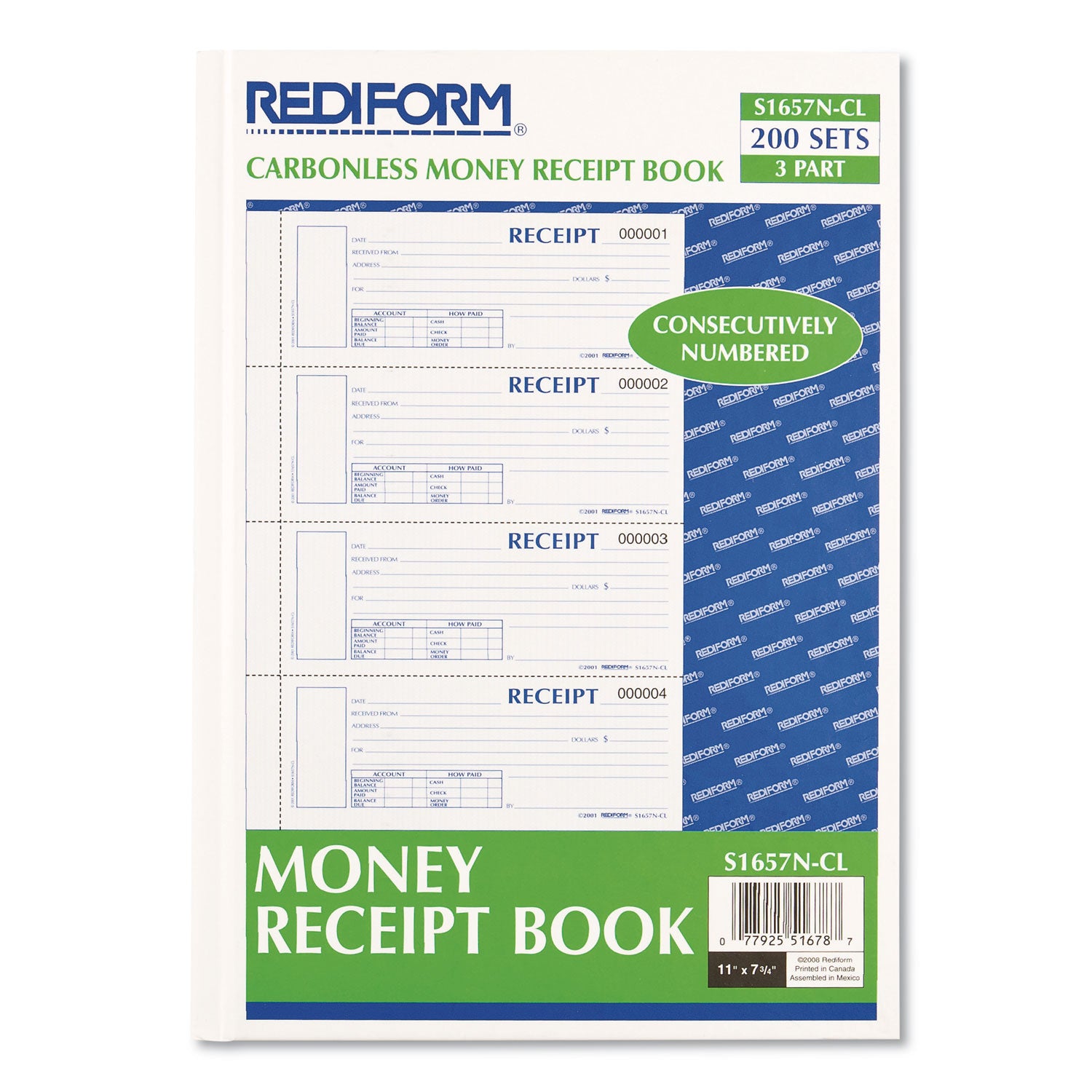 Rediform® Durable Hardcover Numbered Money Receipt Book, Three-Part Carbonless, 6.88 x 2.75, 4 Forms/Sheet, 200 Forms Total