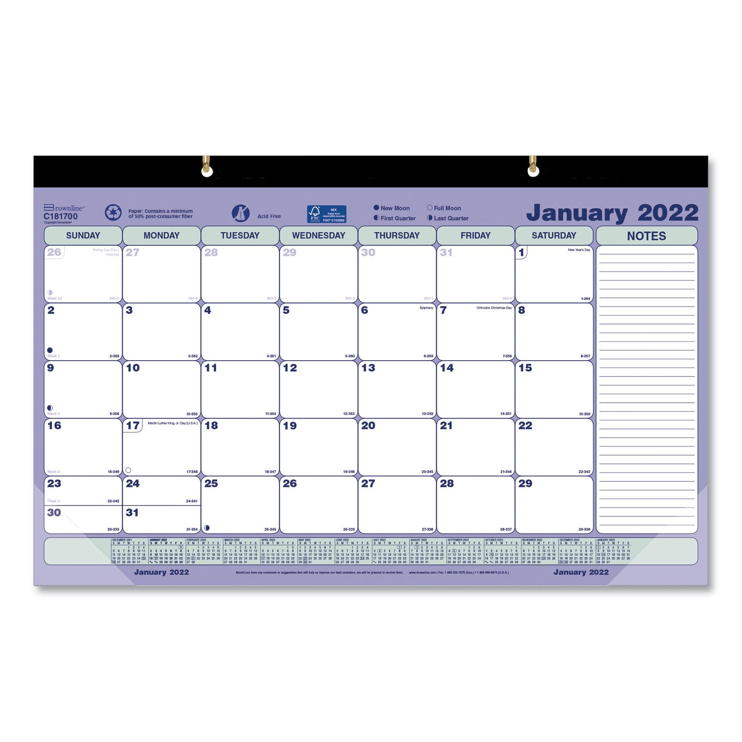 Brownline® Monthly Desk Pad Calendar, 17.75 x 10.88, White/Blue/Green Sheets, Black Binding, Clear Corners, 12-Month (Jan to Dec): 2025