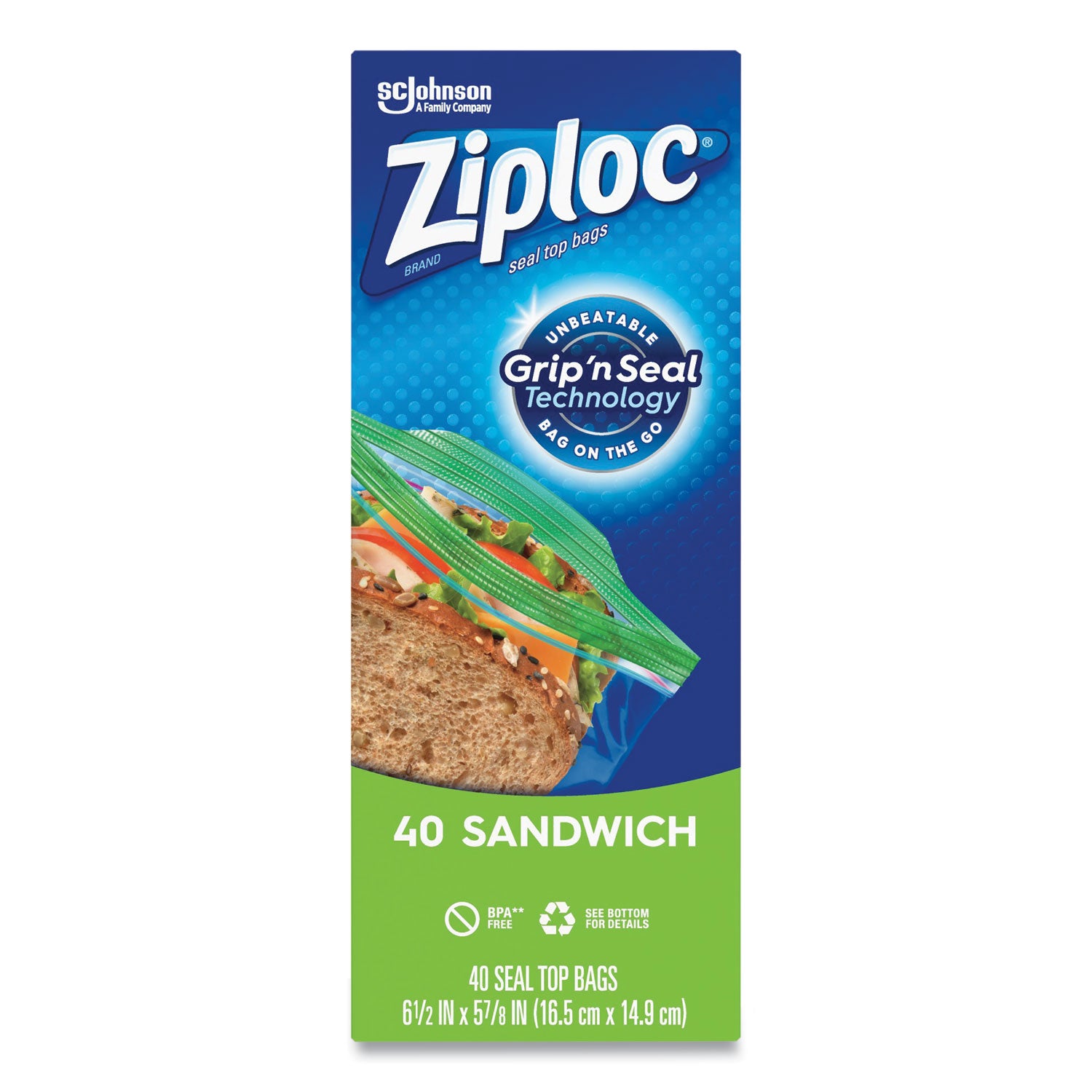 Ziploc® Resealable Sandwich Bags, 6.5" x 5.88", Clear, 40/Box