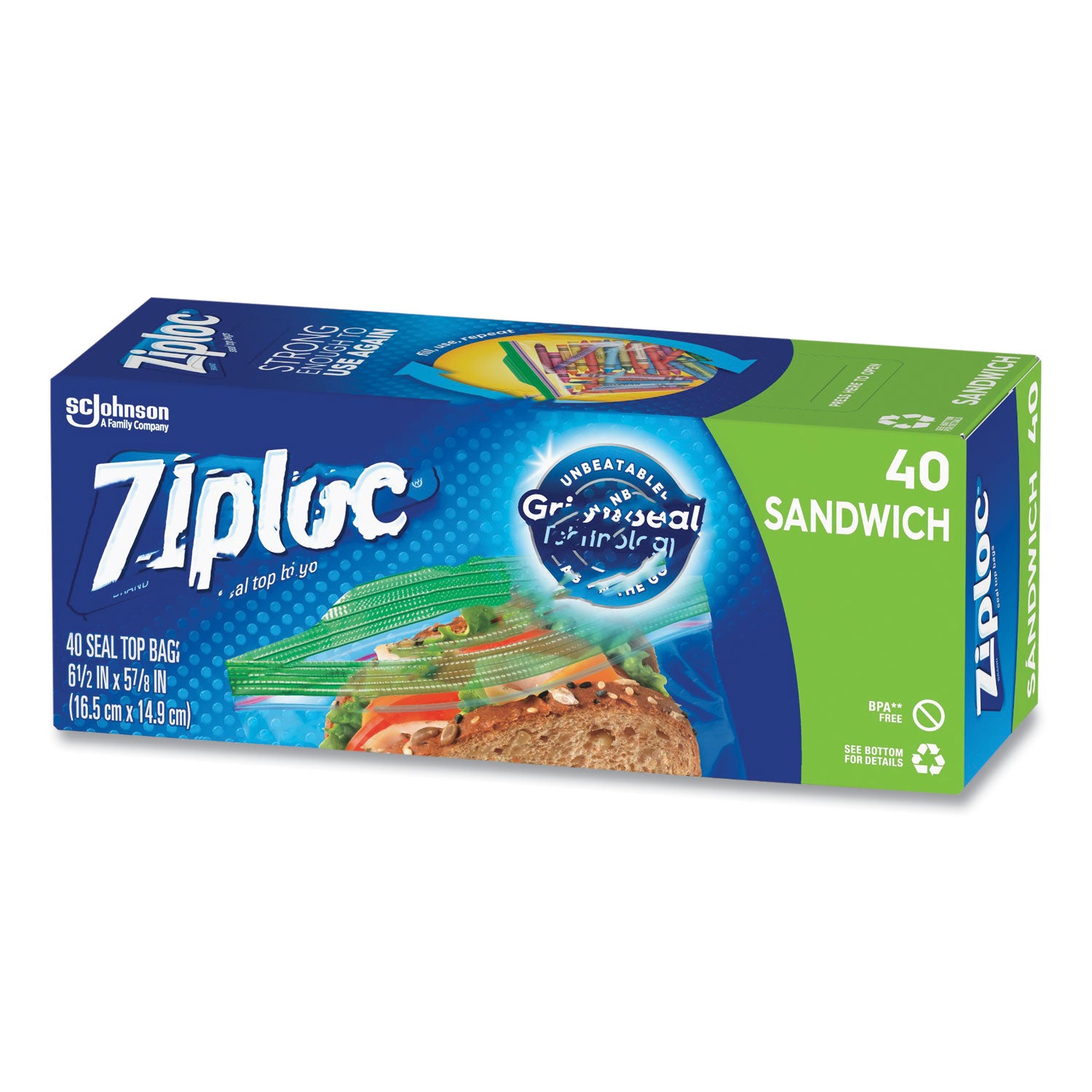 Ziploc® Resealable Sandwich Bags, 6.5" x 5.88", Clear, 40 Bags/Box, 12 Boxes/Carton