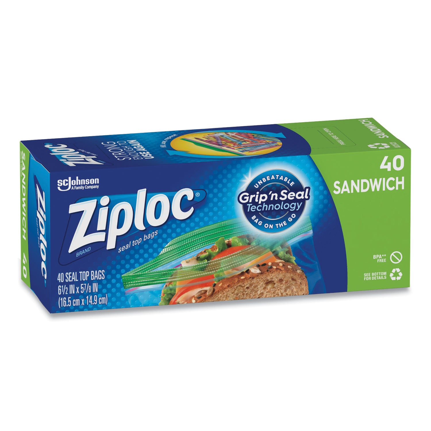 Ziploc® Resealable Sandwich Bags, 6.5" x 5.88", Clear, 40 Bags/Box, 12 Boxes/Carton