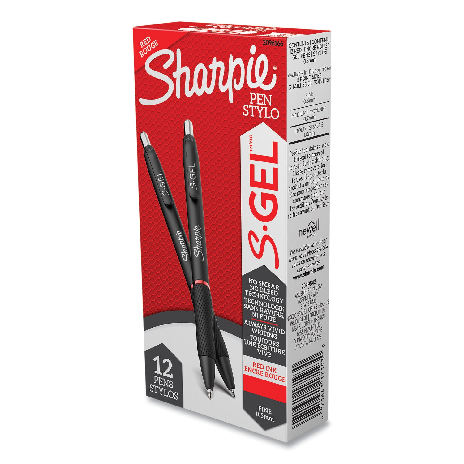 Sharpie® S-Gel™ S-Gel High-Performance Gel Pen, Retractable, Fine 0.5 mm, Red Ink, Black Barrel, Dozen