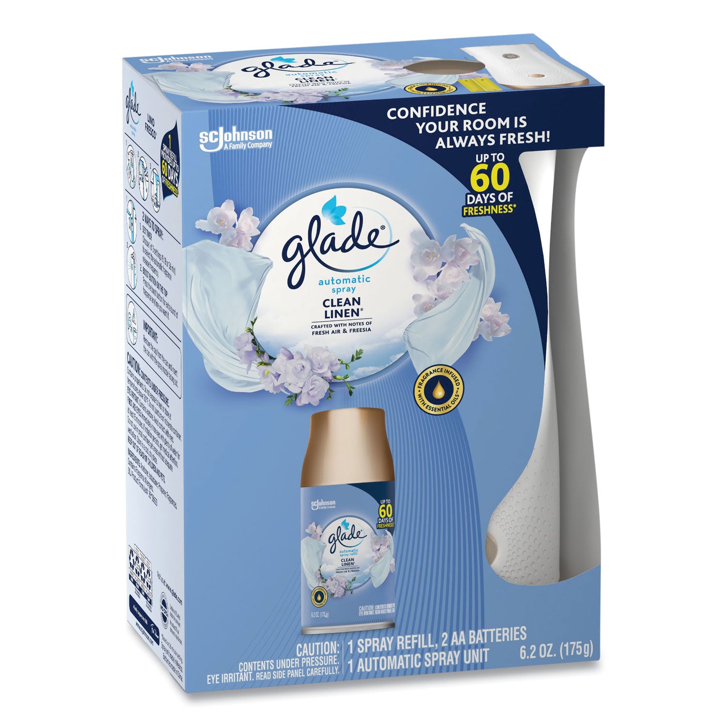 Glade® Automatic Spray Starter Kit, Spray Unit and Refill, White/Gold, Clean Linen, 4/Carton